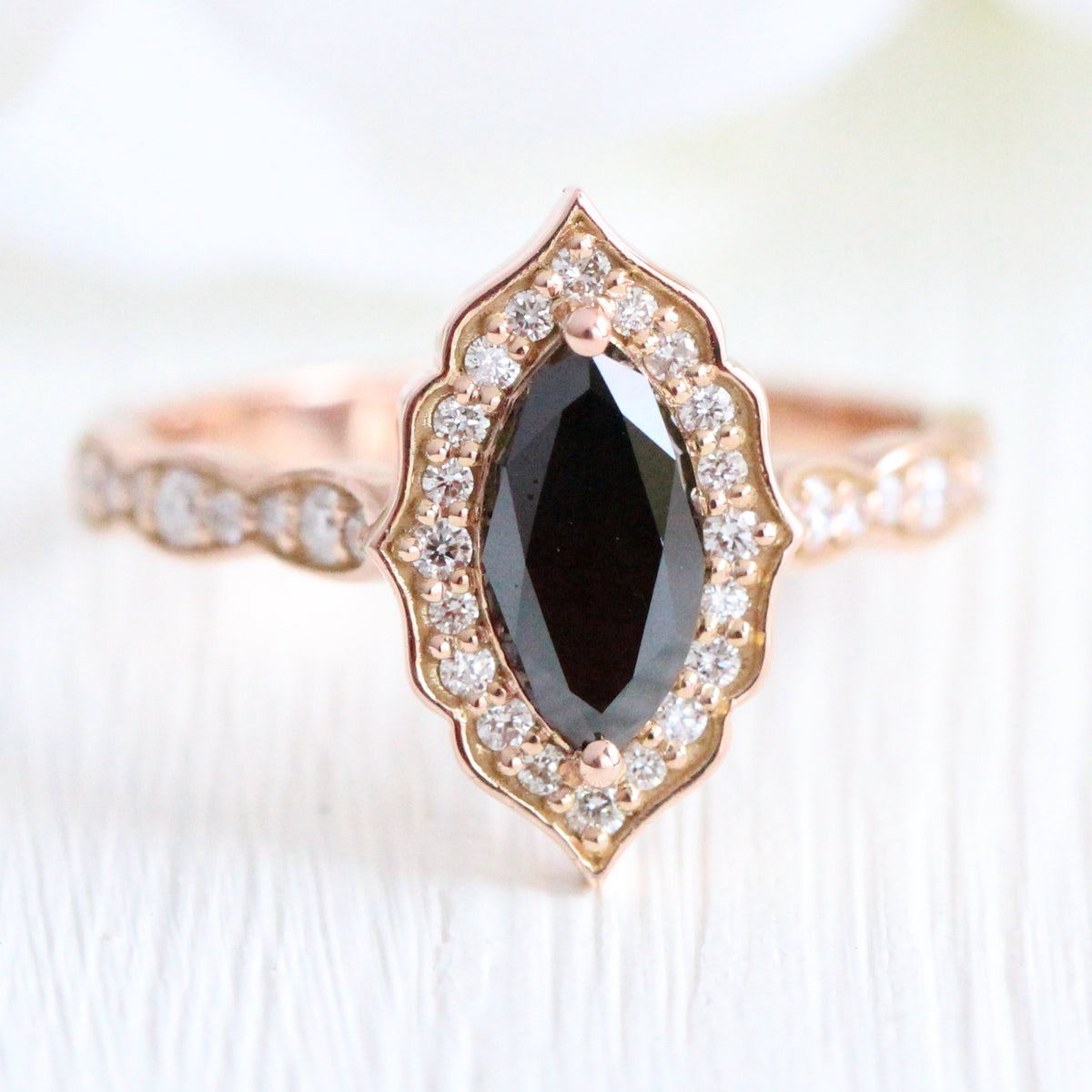 marquise black diamond engagement ring rose gold vintage halo marquise ring la more design jewelry