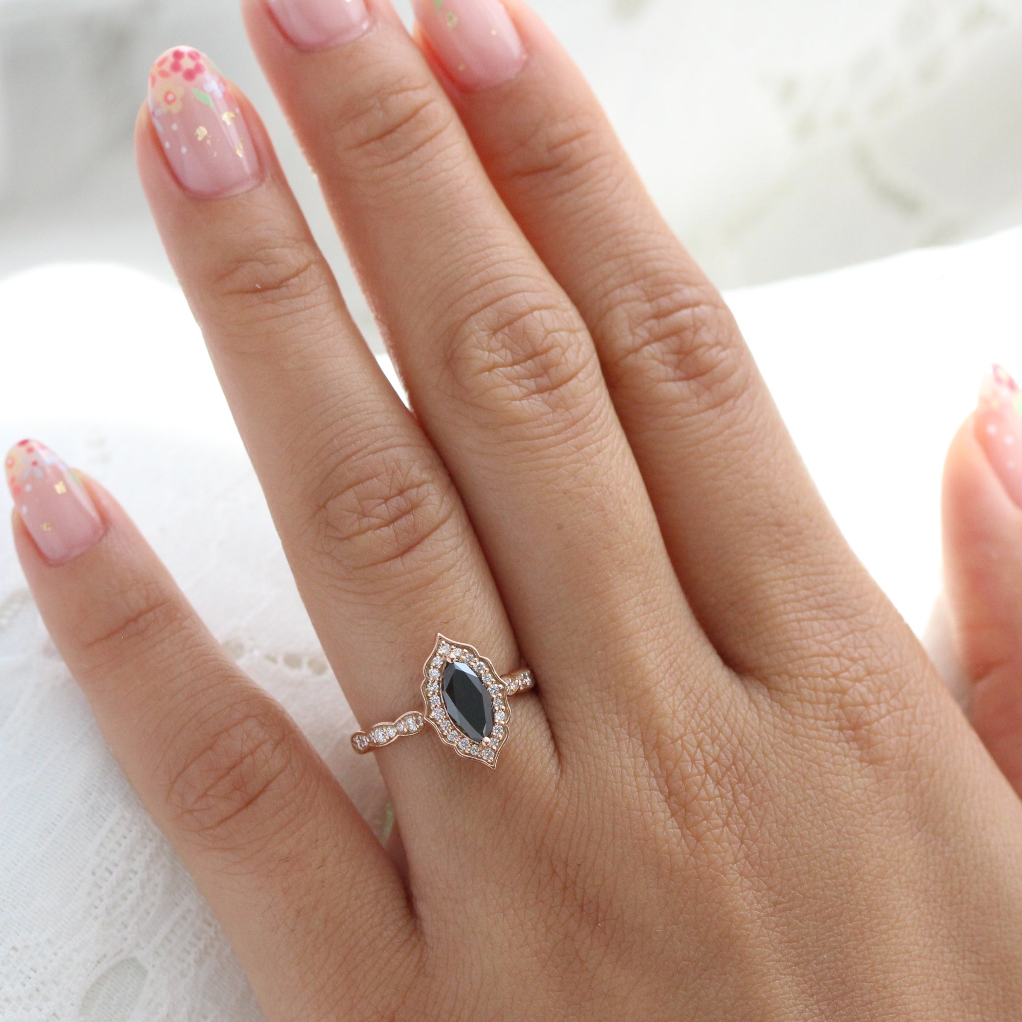 marquise black diamond engagement ring rose gold vintage halo marquise ring la more design jewelry