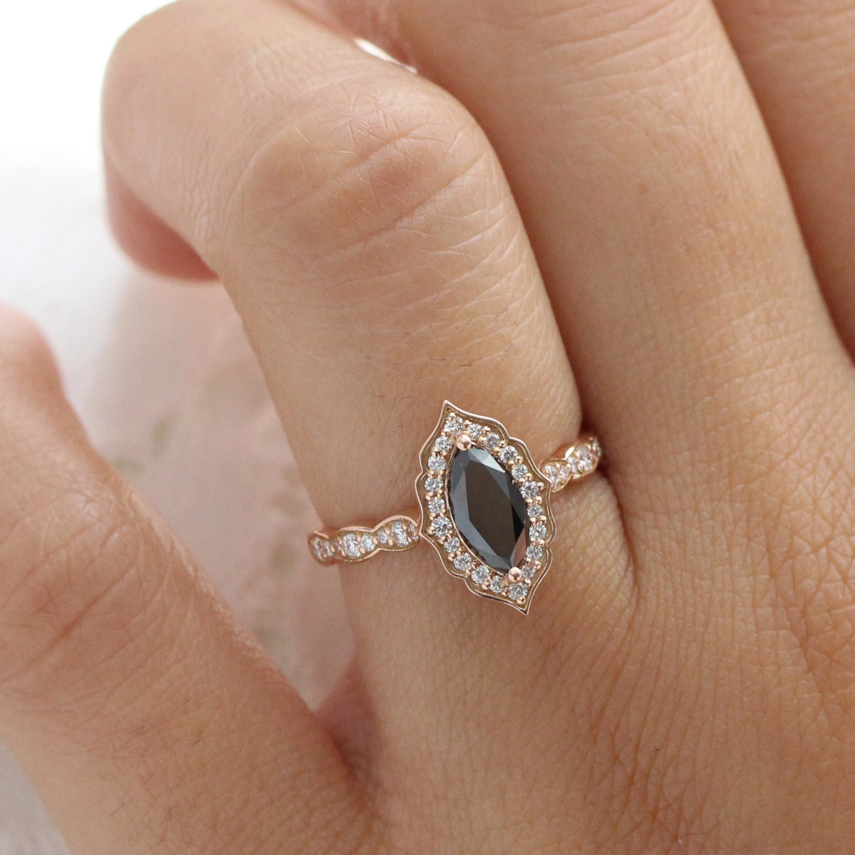 marquise black diamond engagement ring rose gold vintage halo marquise ring la more design jewelry