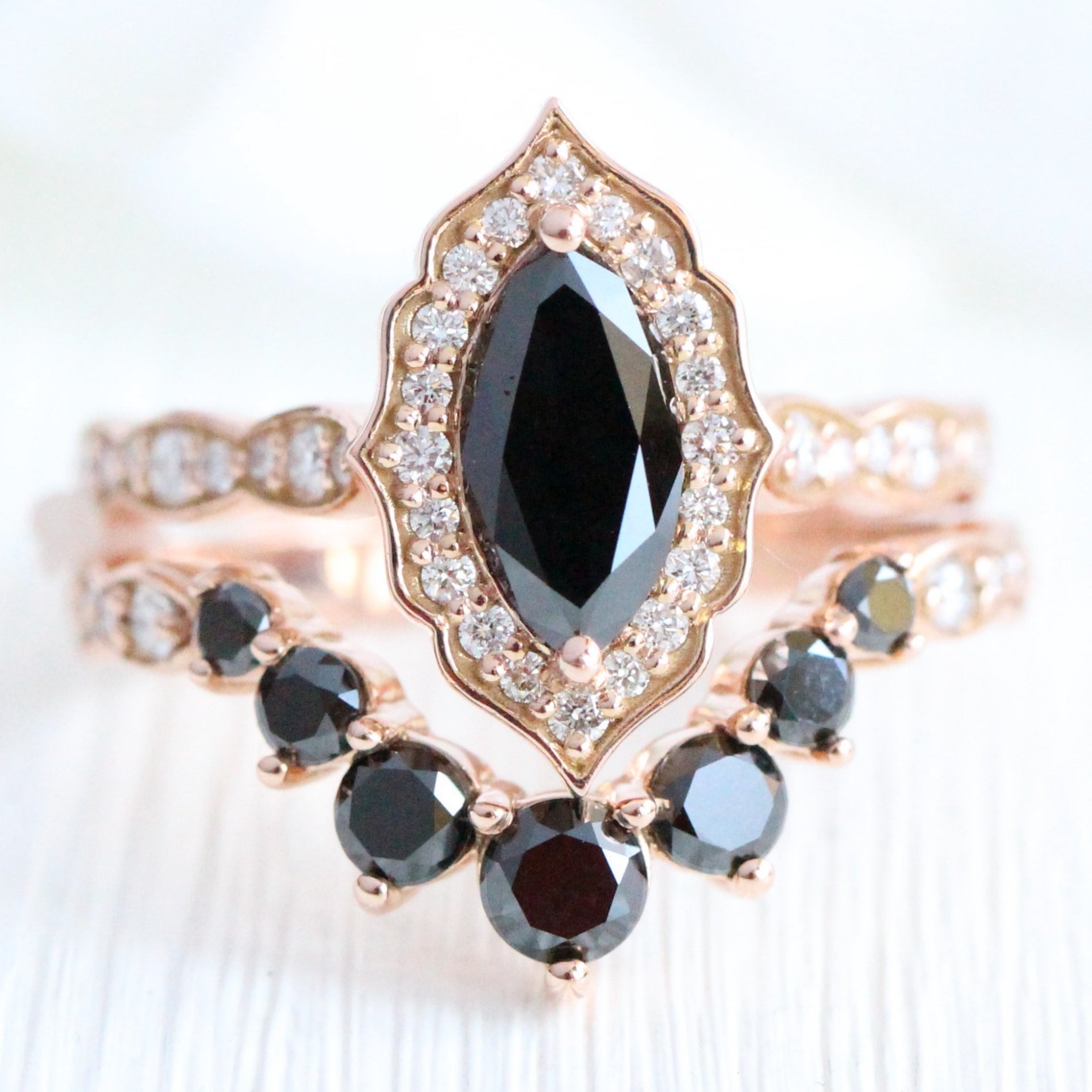 marquise black diamond ring stack rose gold vintage halo marquise ring bridal set la more design jewelry