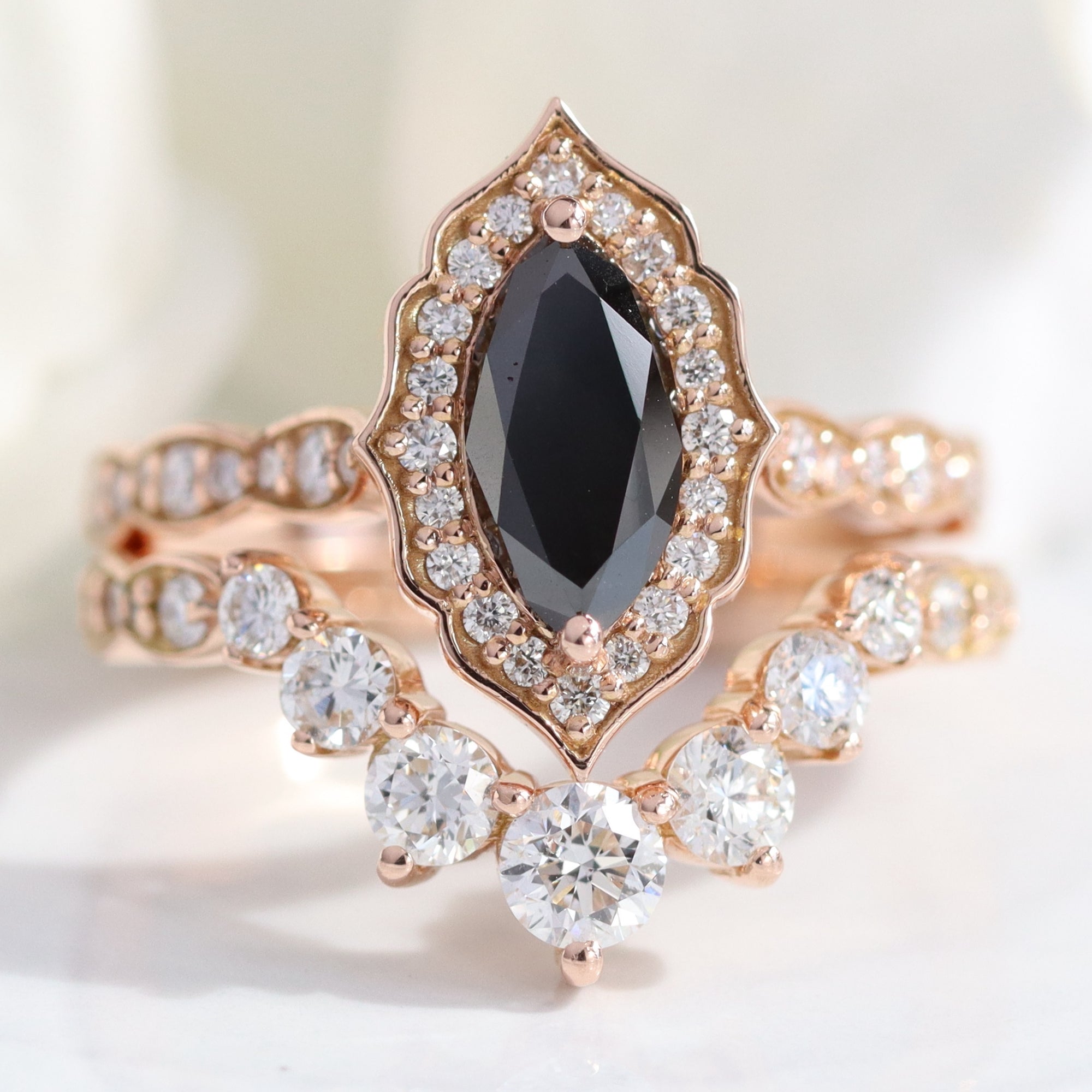 marquise black diamond ring stack rose gold vintage halo marquise ring bridal set la more design jewelry