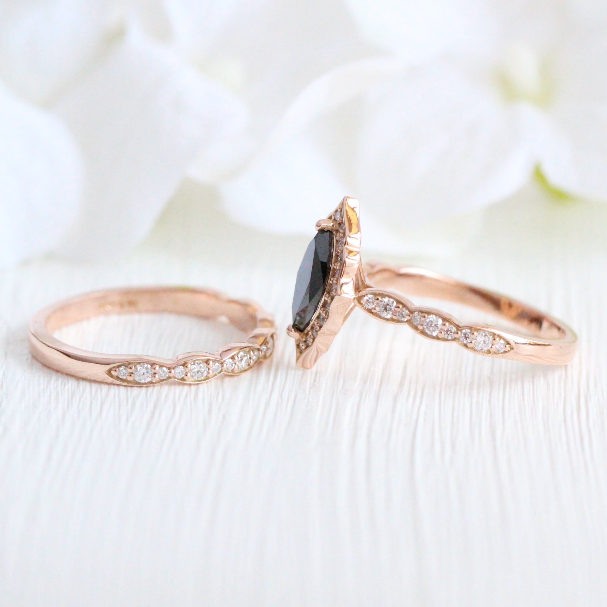 marquise black diamond ring stack rose gold vintage halo marquise ring bridal set la more design jewelry