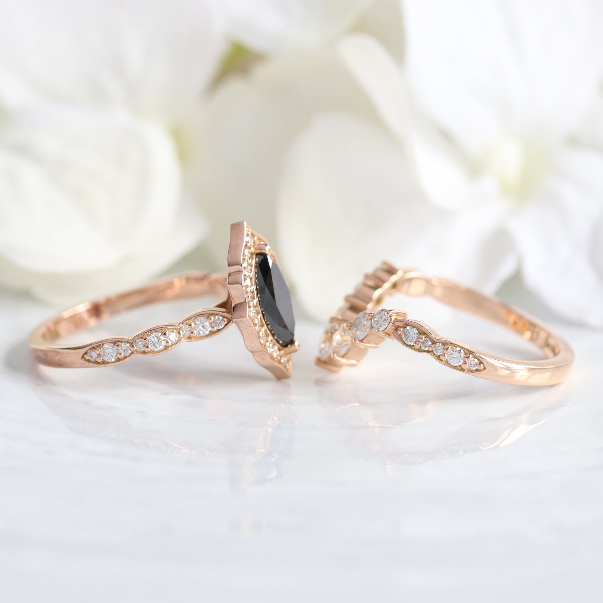 marquise black diamond ring stack rose gold vintage halo marquise ring bridal set la more design jewelry