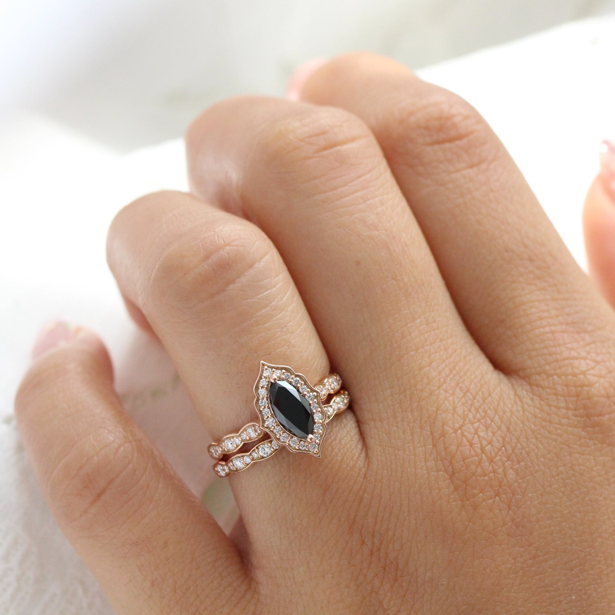 marquise black diamond ring stack rose gold vintage halo marquise ring bridal set la more design jewelry