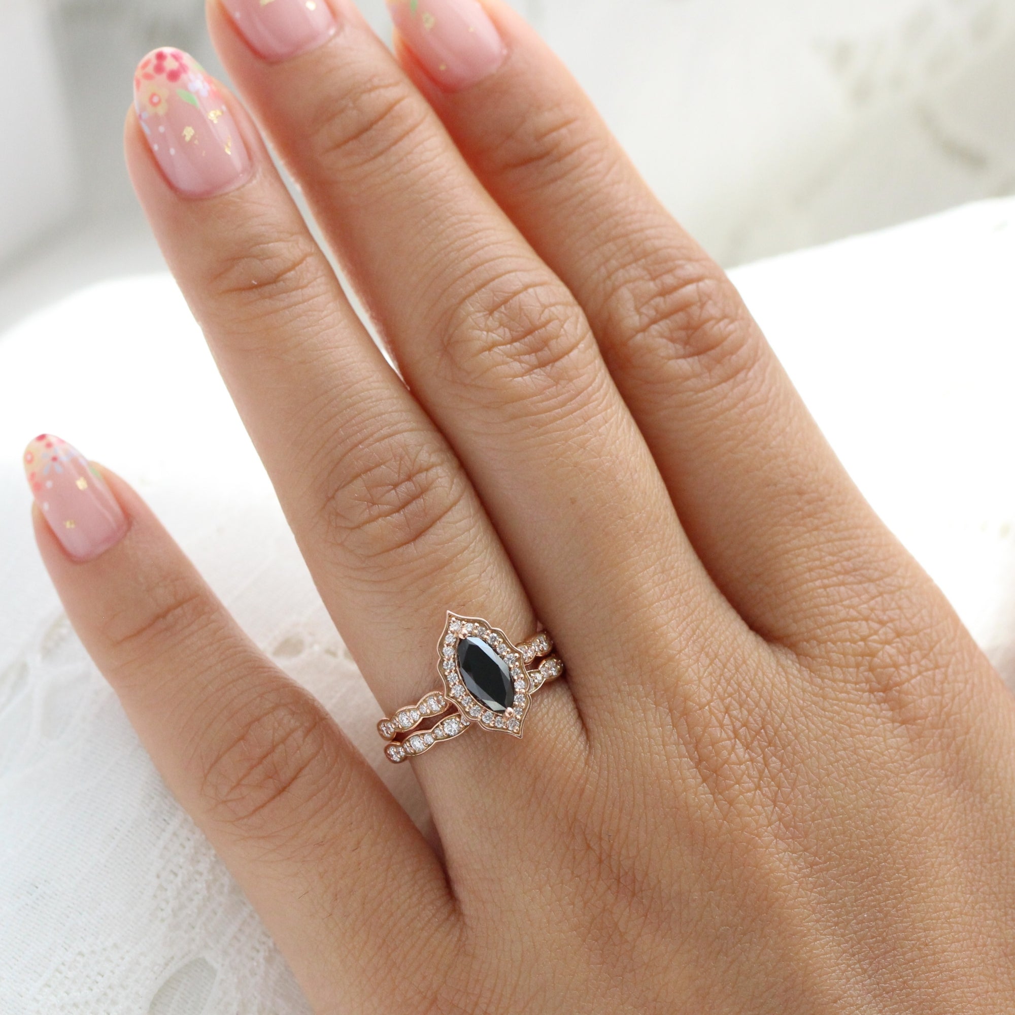 marquise black diamond ring stack rose gold vintage halo marquise ring bridal set la more design jewelry