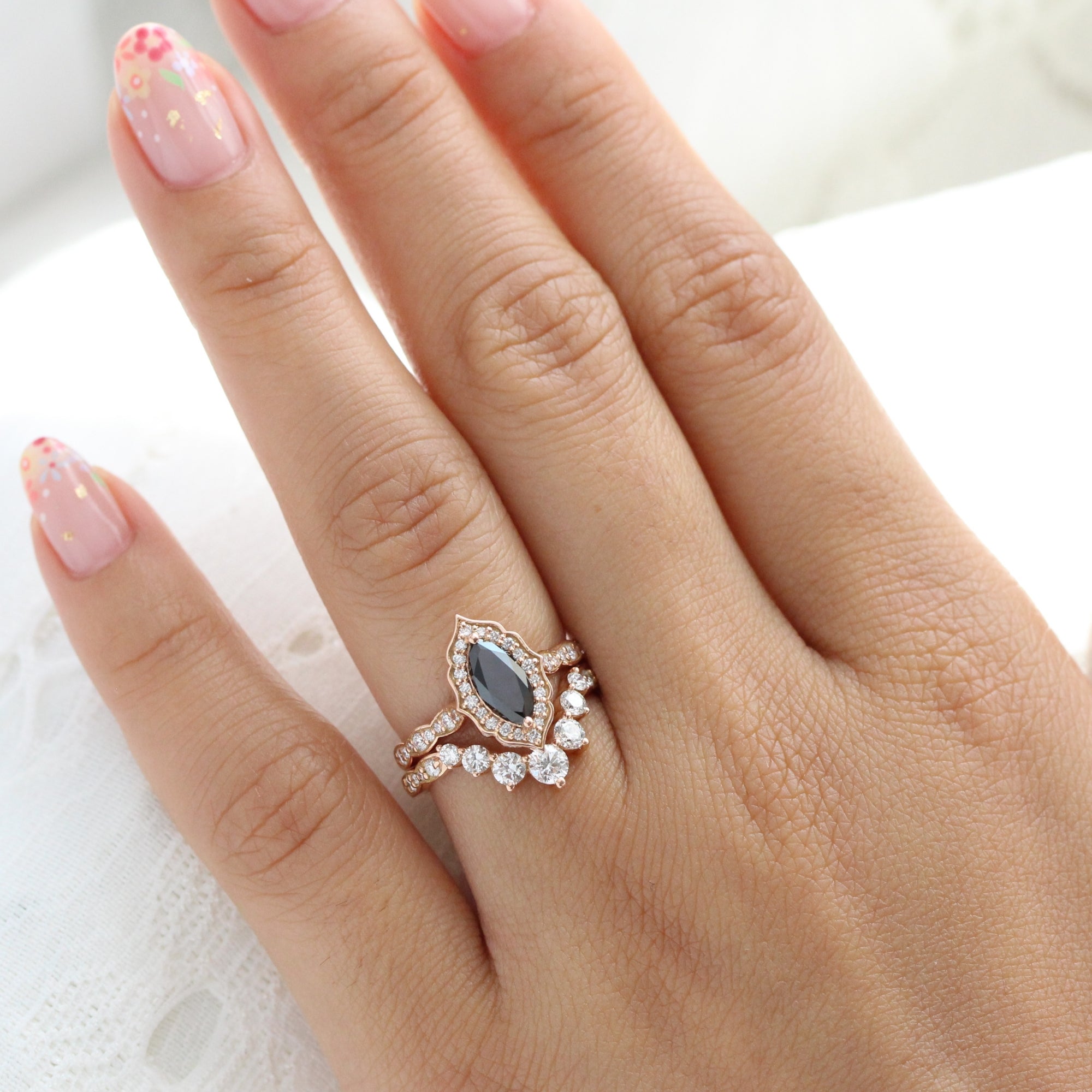 marquise black diamond ring stack rose gold vintage halo marquise ring bridal set la more design jewelry