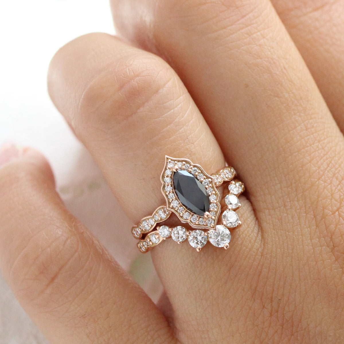 marquise black diamond ring stack rose gold vintage halo marquise ring bridal set la more design jewelry