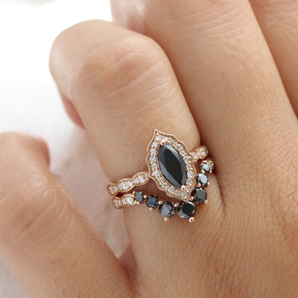 marquise black diamond ring stack rose gold vintage halo marquise ring bridal set la more design jewelry