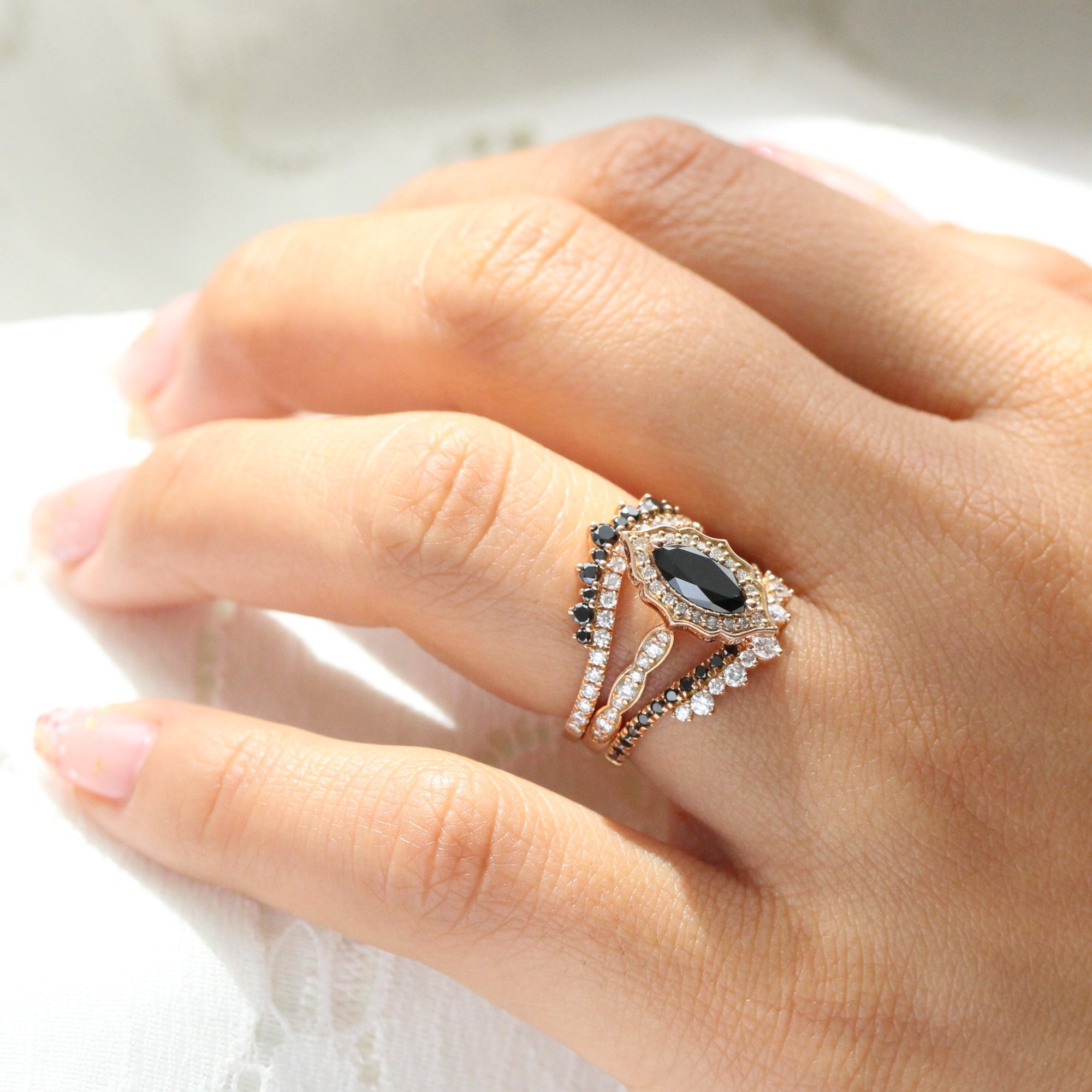 marquise black diamond ring stack rose gold vintage halo marquise ring bridal set la more design jewelry