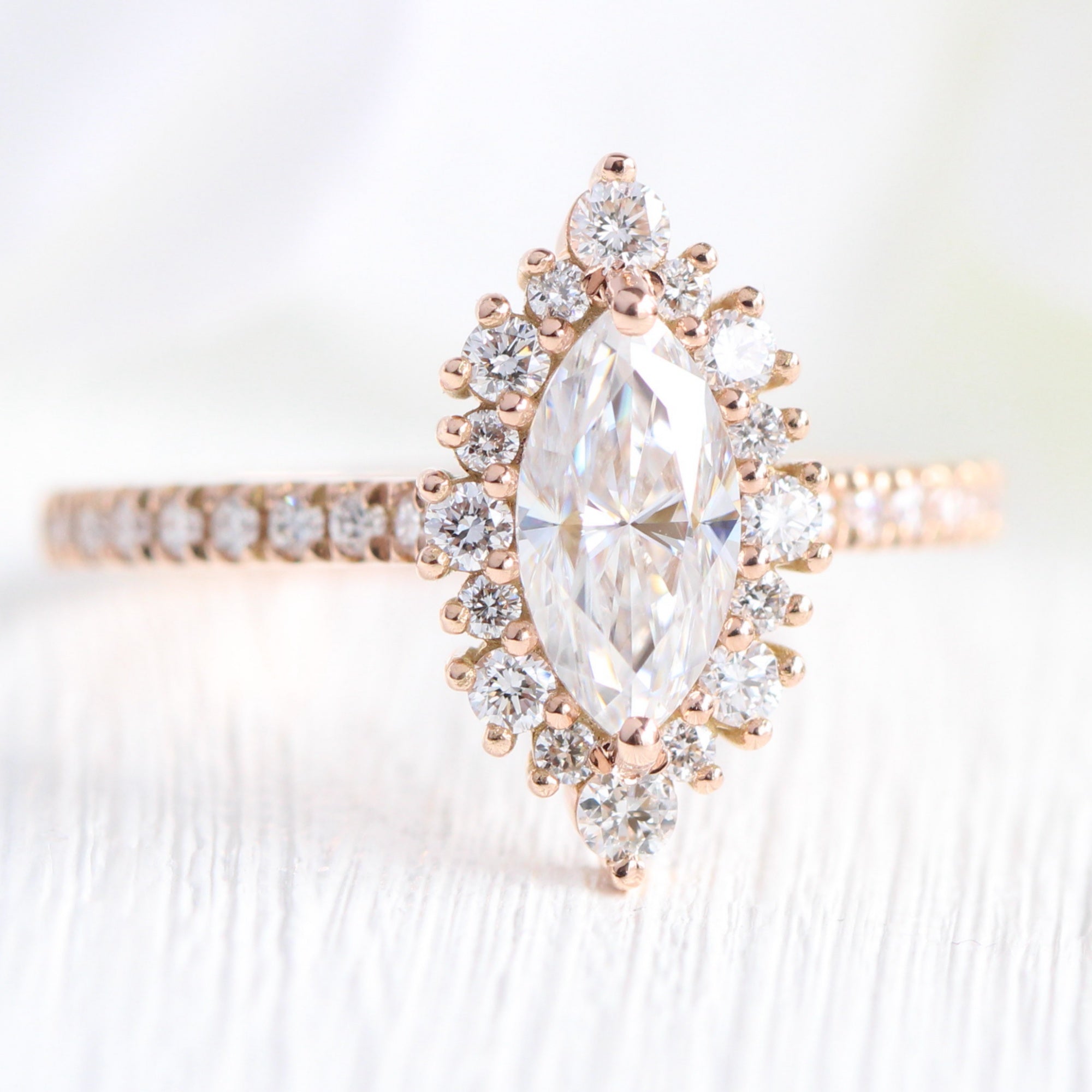 marquise moissanite engagement ring rose gold halo diamond pave band la more design jewelry