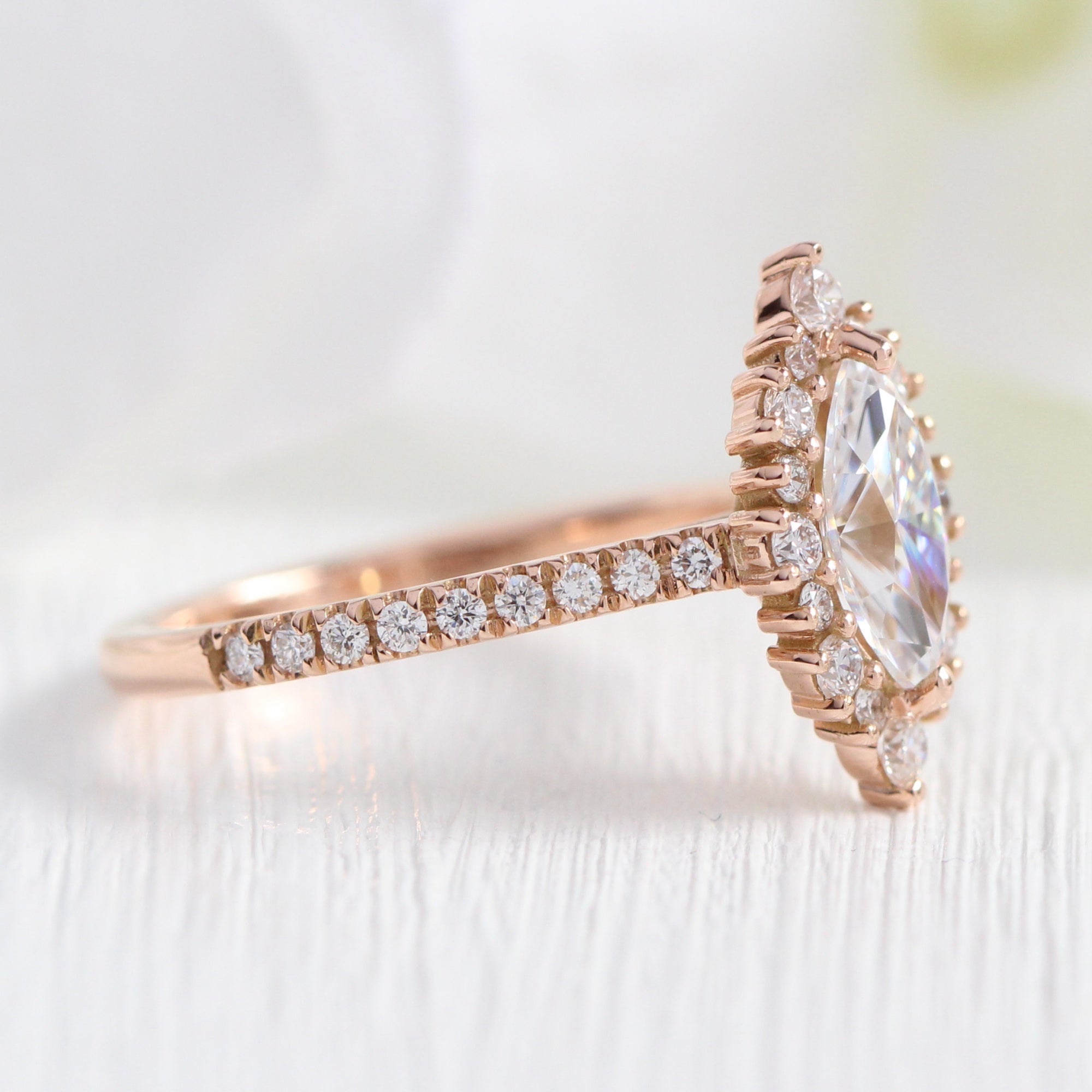 marquise moissanite engagement ring rose gold halo diamond pave band la more design jewelry