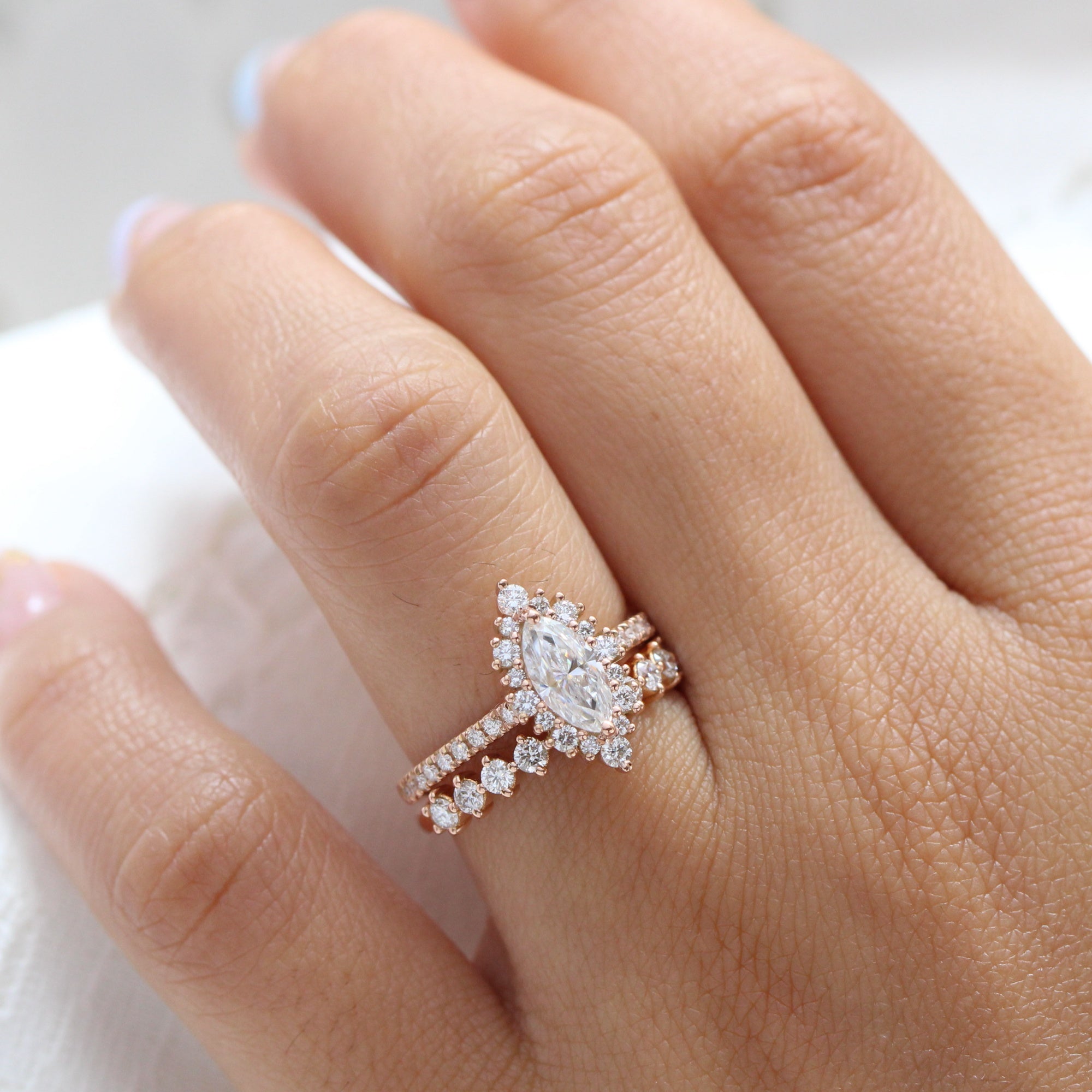 marquise moissanite engagement ring rose gold halo diamond pave wedding band bridal set la more design jewelry