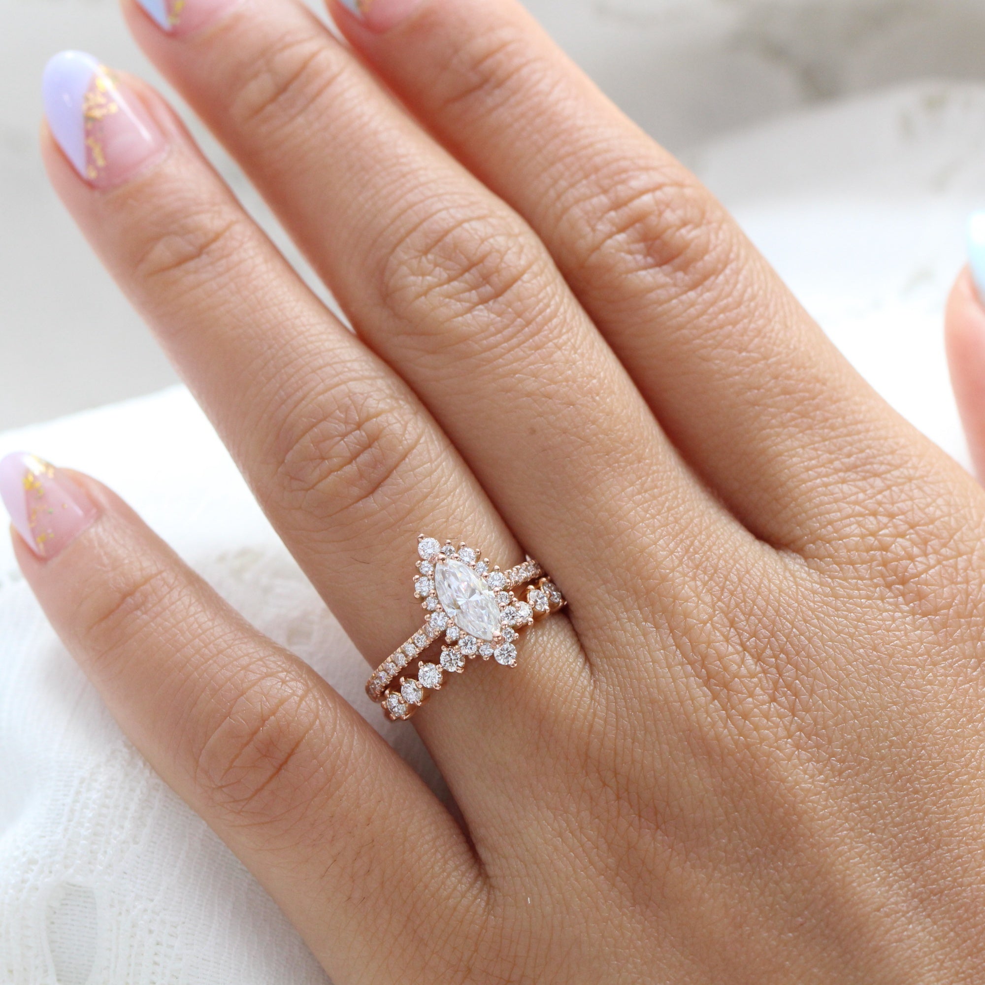marquise moissanite engagement ring rose gold halo diamond pave wedding band bridal set la more design jewelry