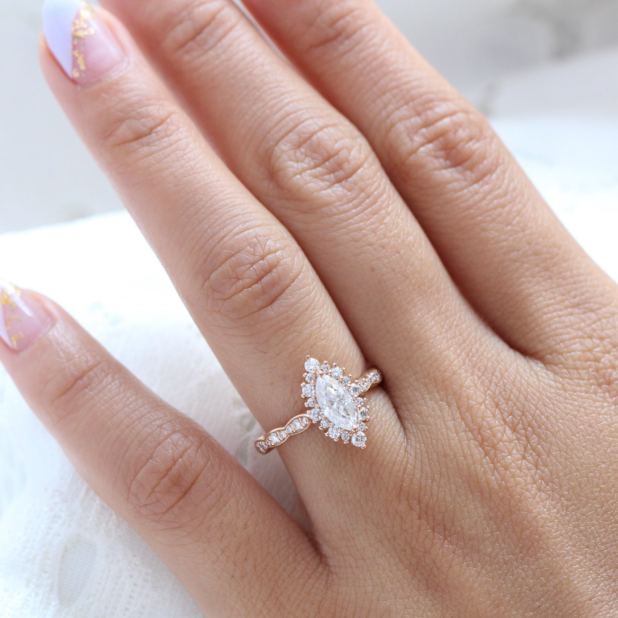 marquise moissanite engagement ring rose gold halo diamond scalloped band la more design jewelry
