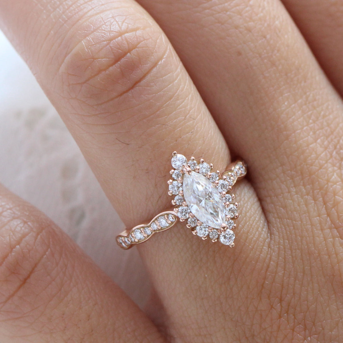 marquise moissanite engagement ring rose gold halo diamond scalloped band la more design jewelry