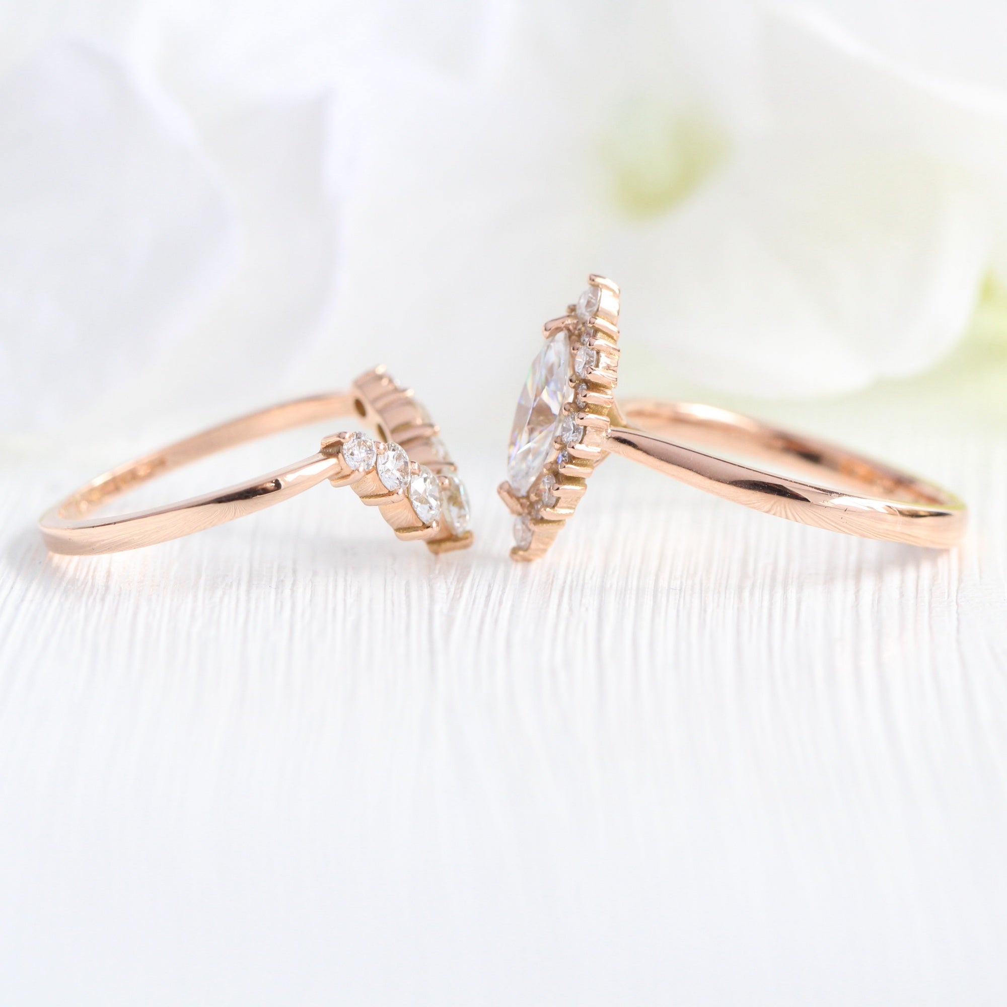 marquise moissanite engagement ring rose gold halo diamond wedding ring bridal set la more design jewelry