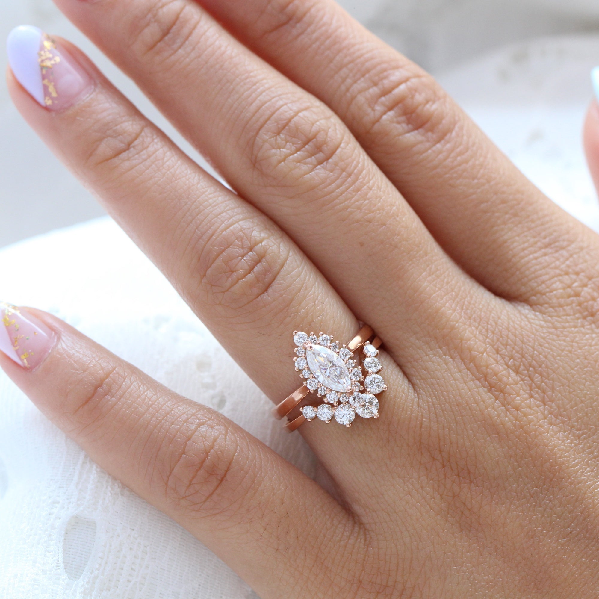 marquise moissanite engagement ring rose gold halo diamond wedding ring bridal set la more design jewelry
