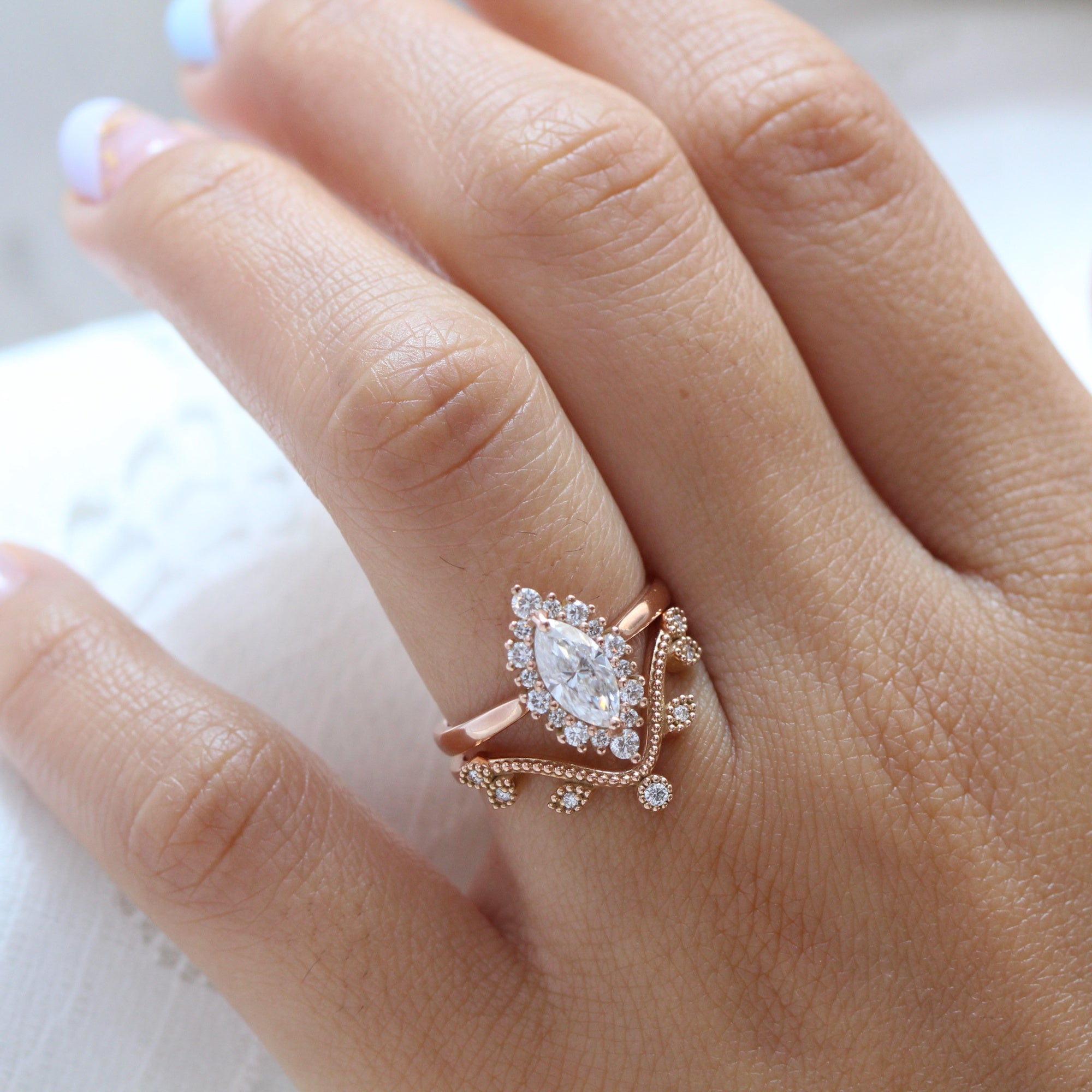 marquise moissanite engagement ring rose gold tiara halo diamond wedding ring bridal set la more design jewelry