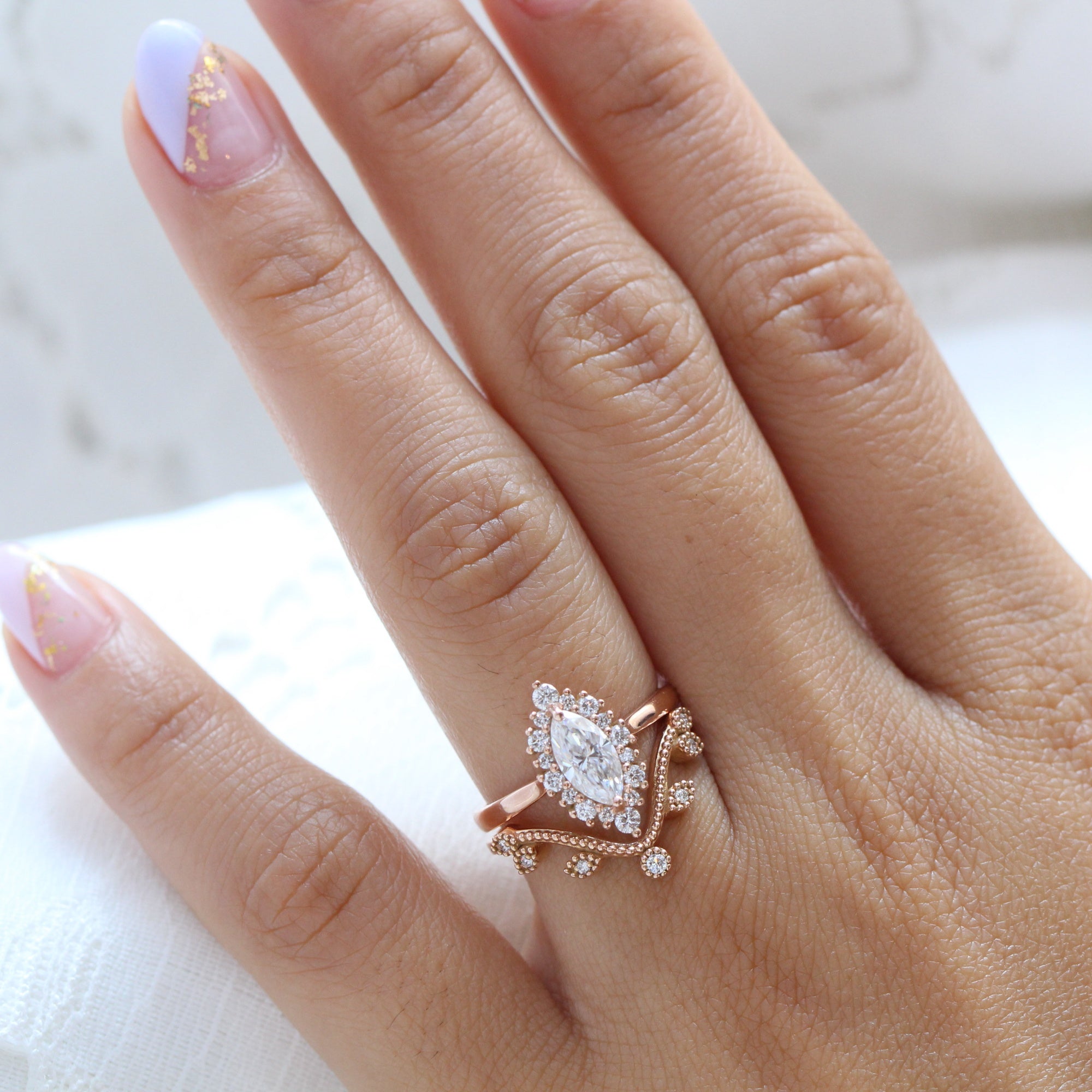 marquise moissanite engagement ring rose gold tiara halo diamond wedding ring bridal set la more design jewelry