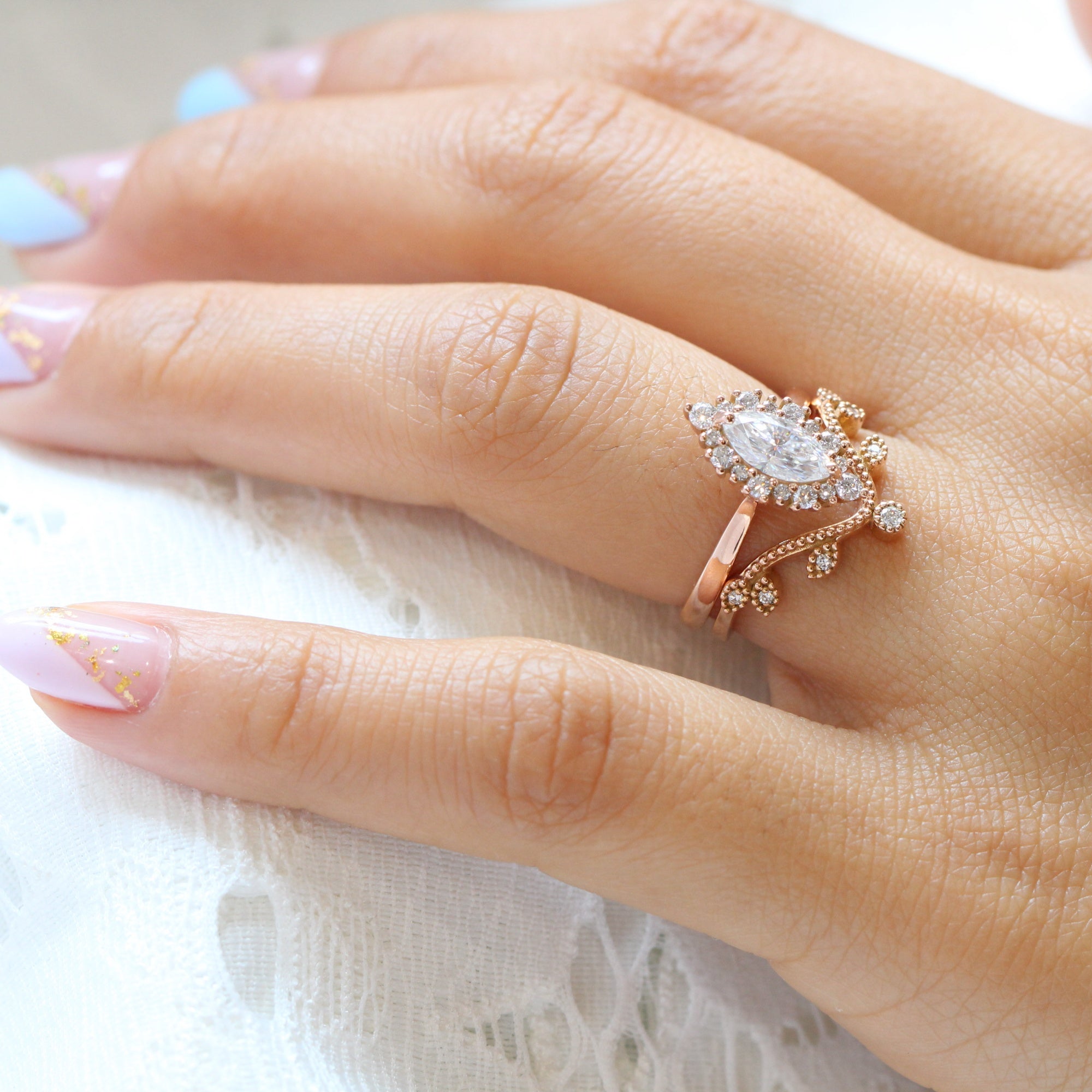 marquise moissanite engagement ring rose gold tiara halo diamond wedding ring bridal set la more design jewelry