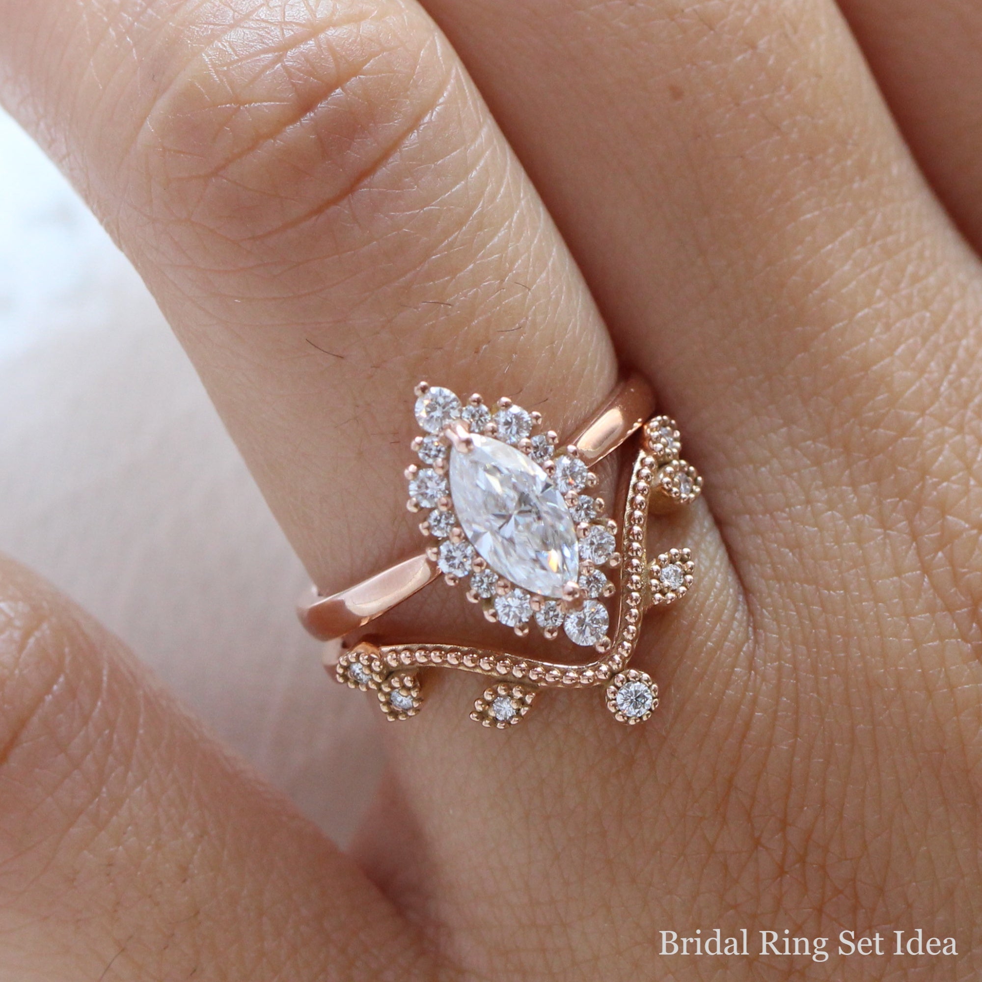 marquise moissanite engagement ring rose gold halo diamond chevron wedding ring bridal set la more design jewelry