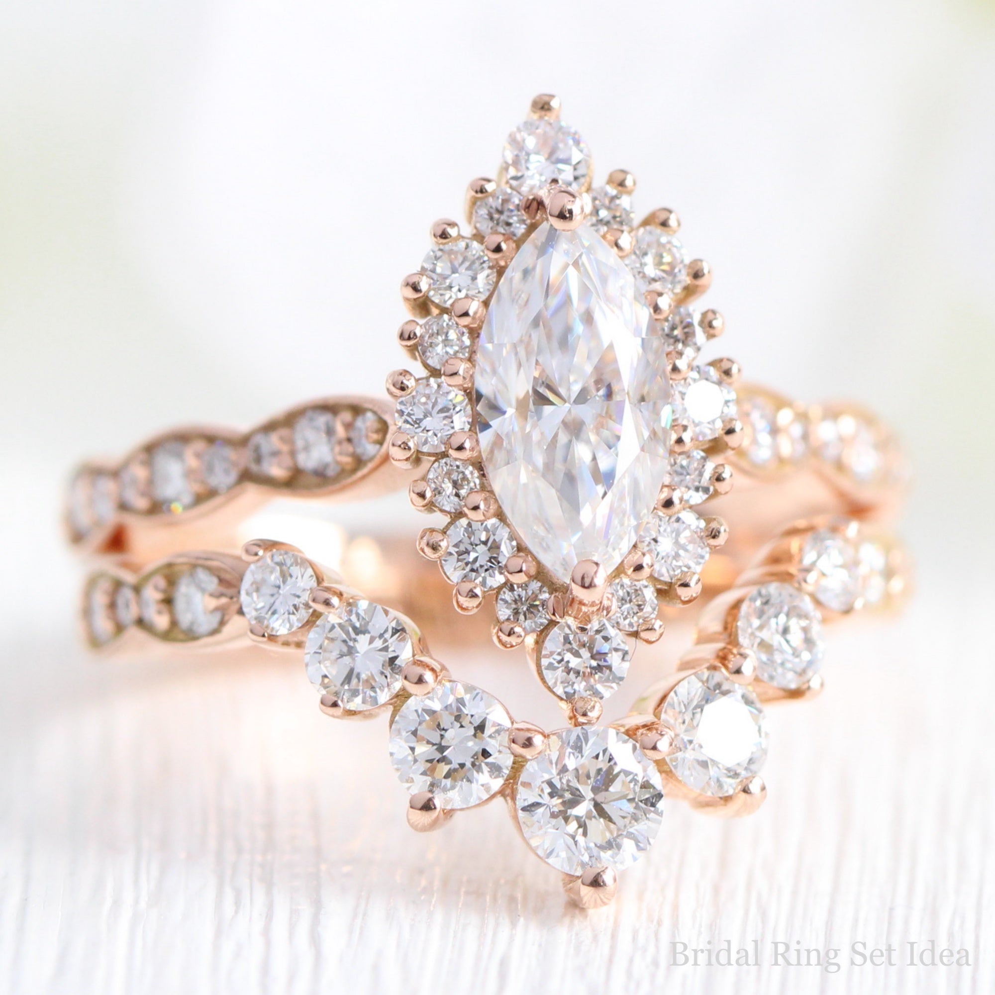 marquise moissanite halo engagement ring rose gold large diamond wedding band bridal set la more design jewelry