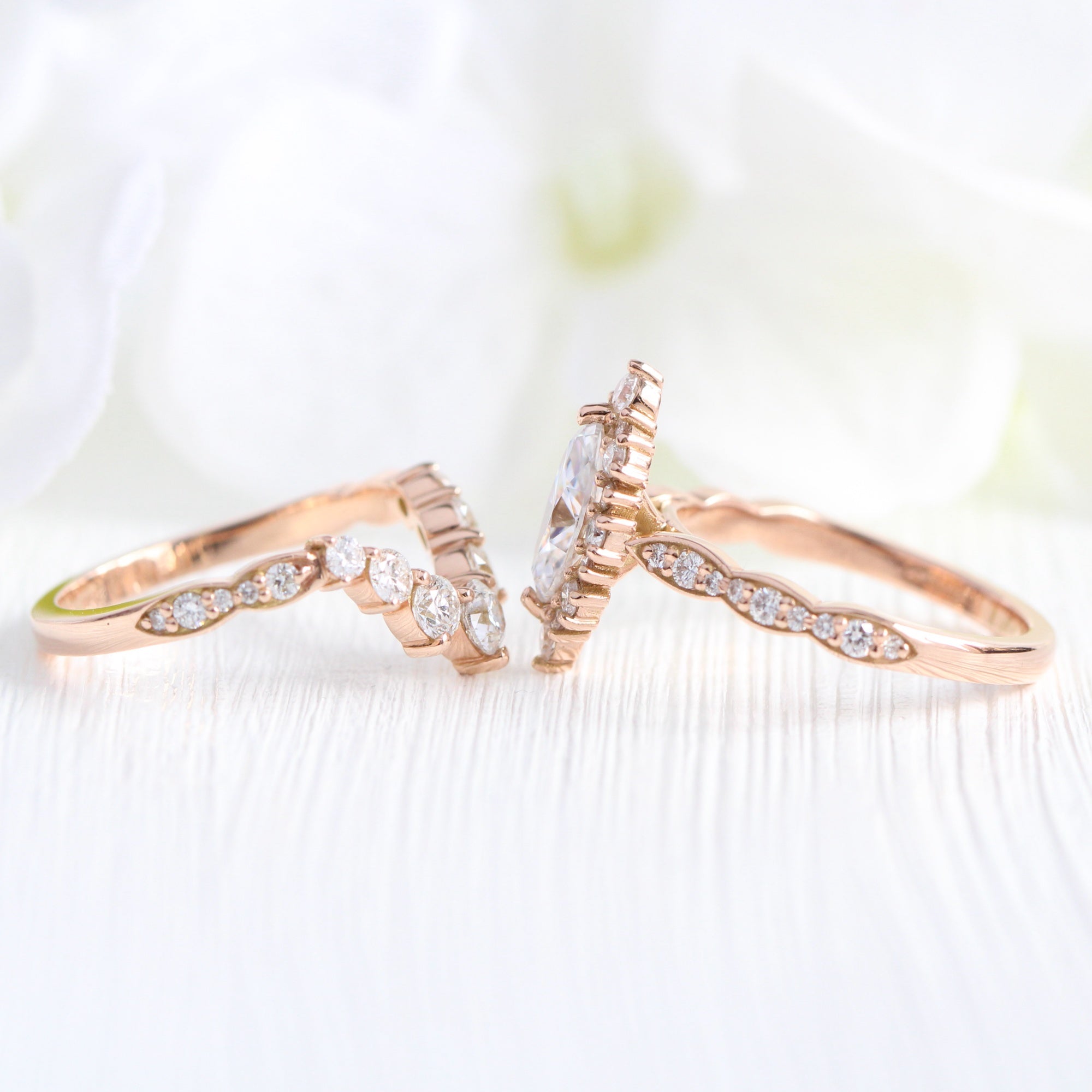 marquise moissanite halo engagement ring rose gold large diamond wedding band bridal set la more design jewelry