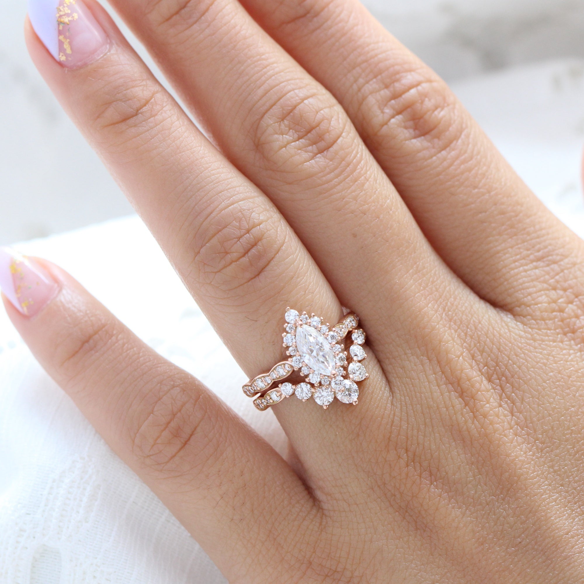 marquise moissanite halo engagement ring rose gold large diamond wedding band bridal set la more design jewelry