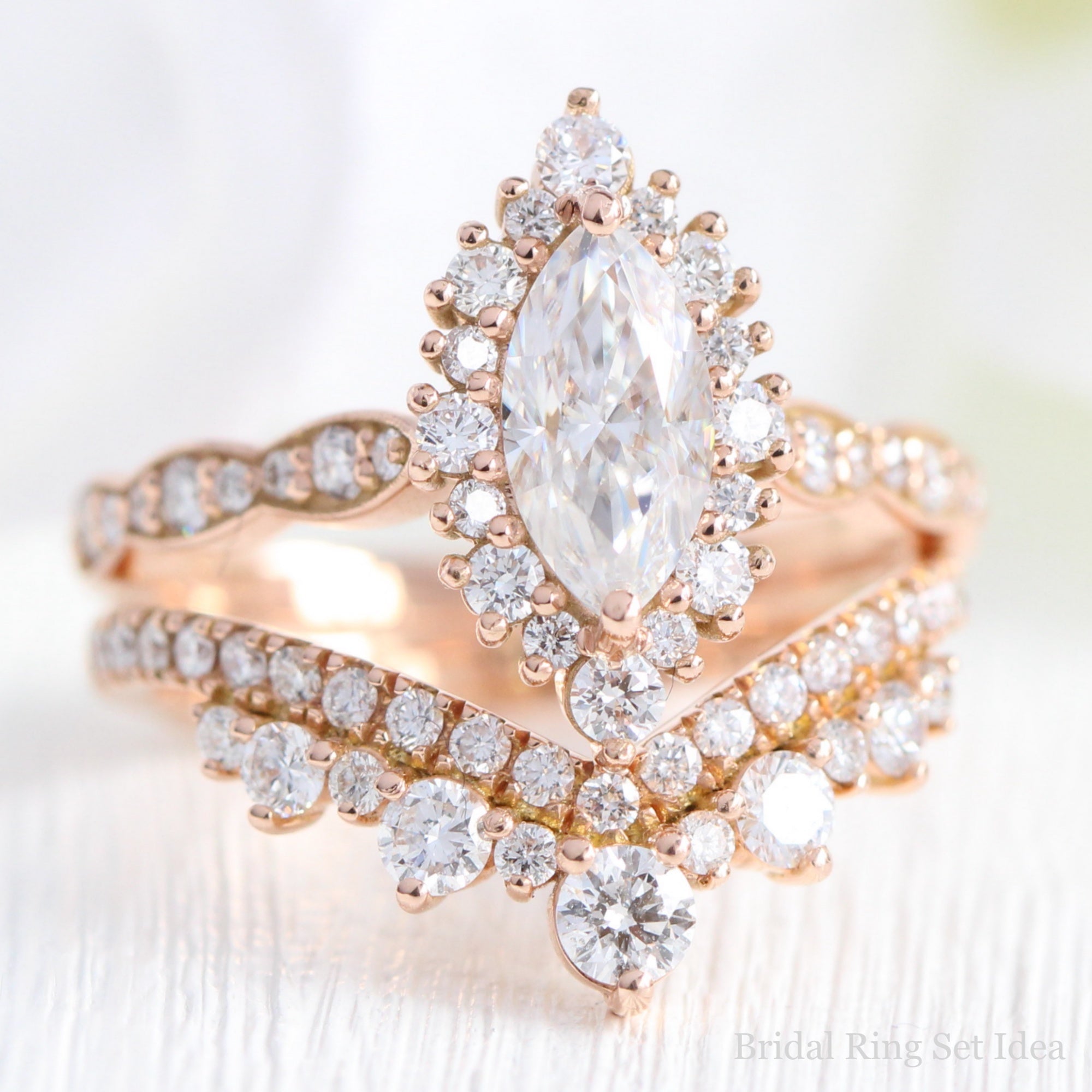 marquise moissanite halo engagement ring rose gold large diamond wedding band bridal set la more design jewelry