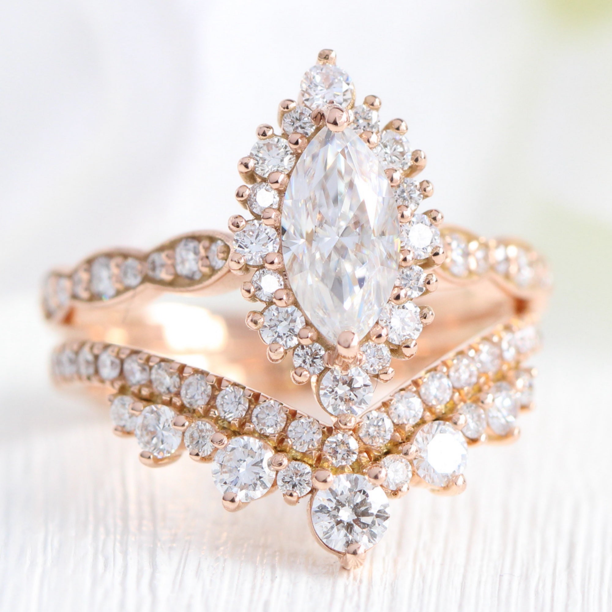 marquise moissanite halo engagement ring rose gold large diamond wedding ring bridal set la more design jewelry