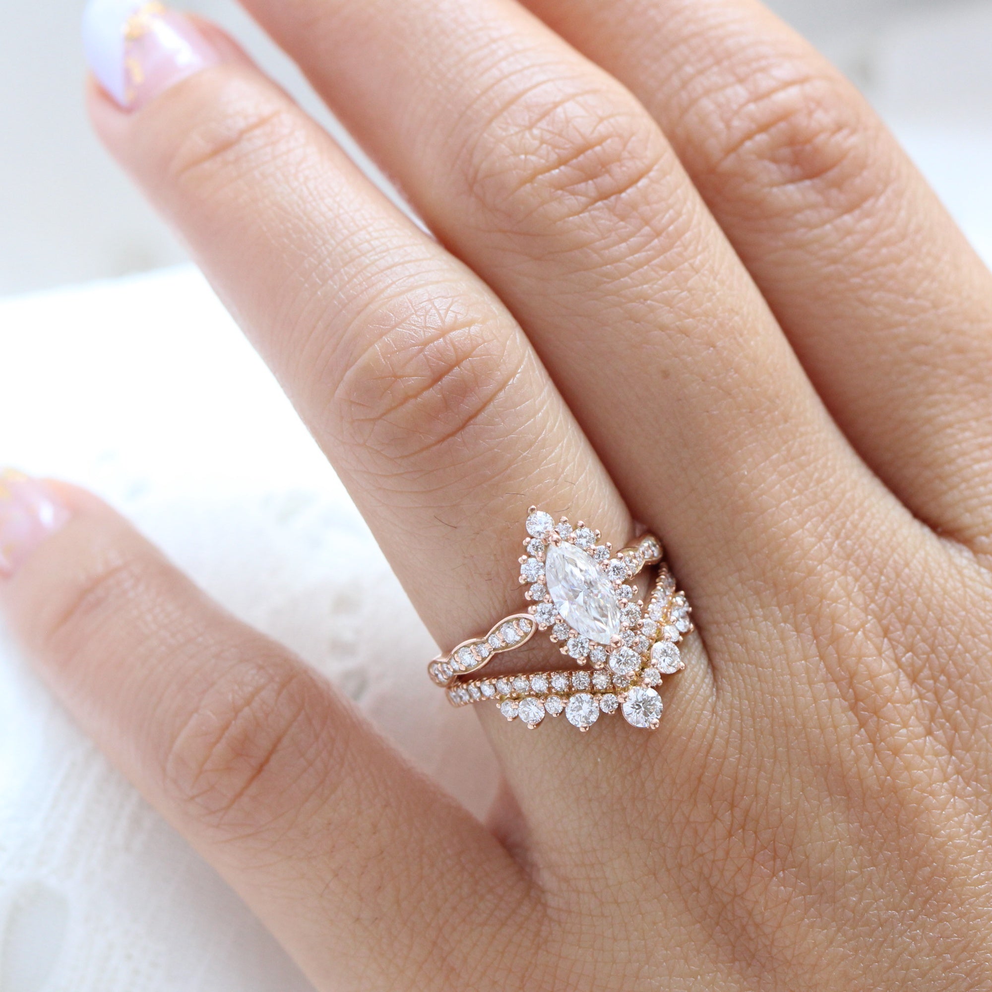 marquise moissanite halo engagement ring rose gold large diamond wedding ring bridal set la more design jewelry