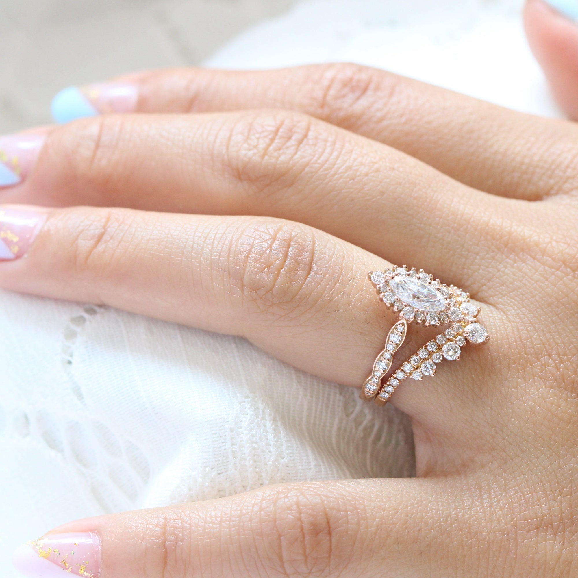 marquise moissanite halo engagement ring rose gold large diamond wedding ring bridal set la more design jewelry