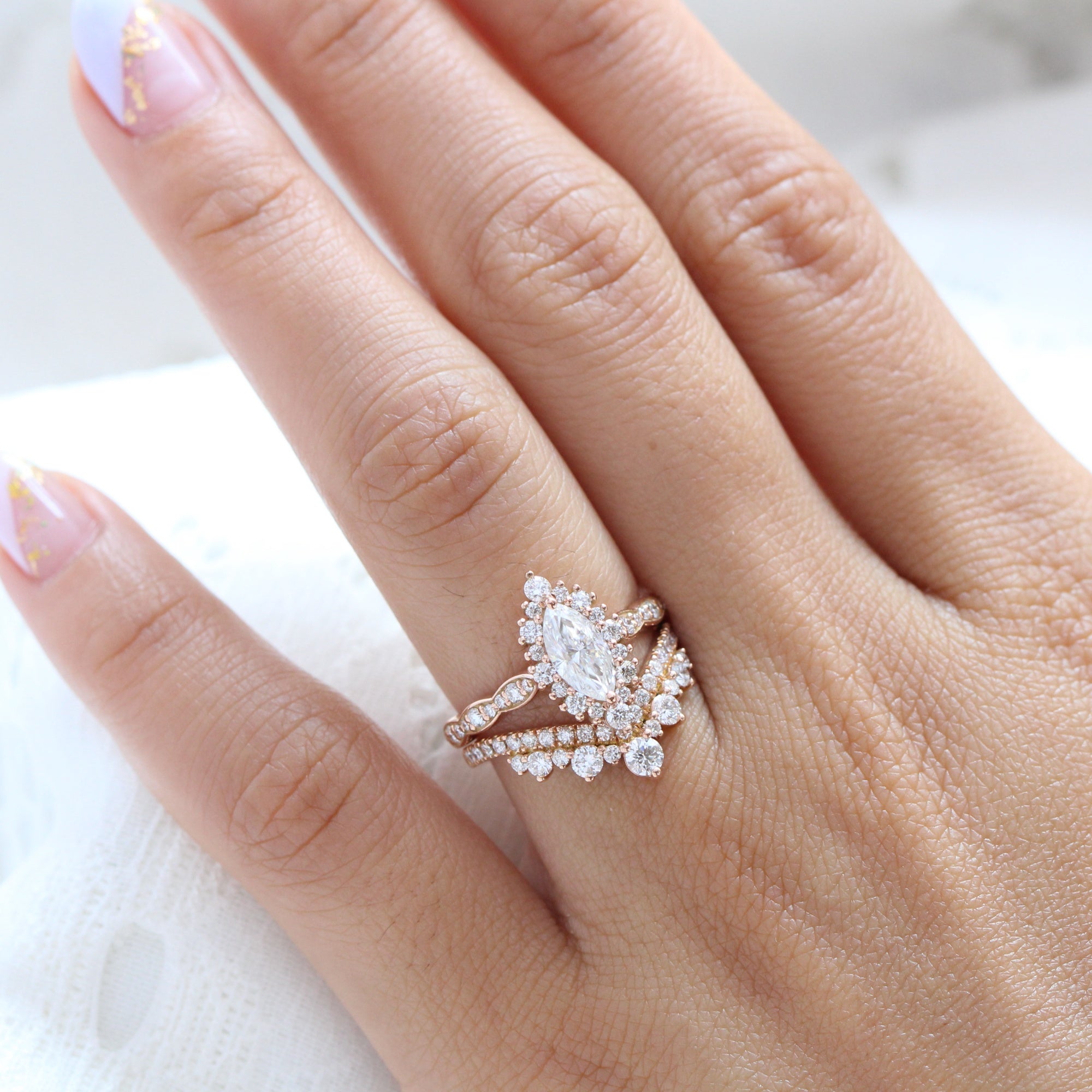 marquise moissanite halo engagement ring rose gold large diamond wedding ring bridal set la more design jewelry