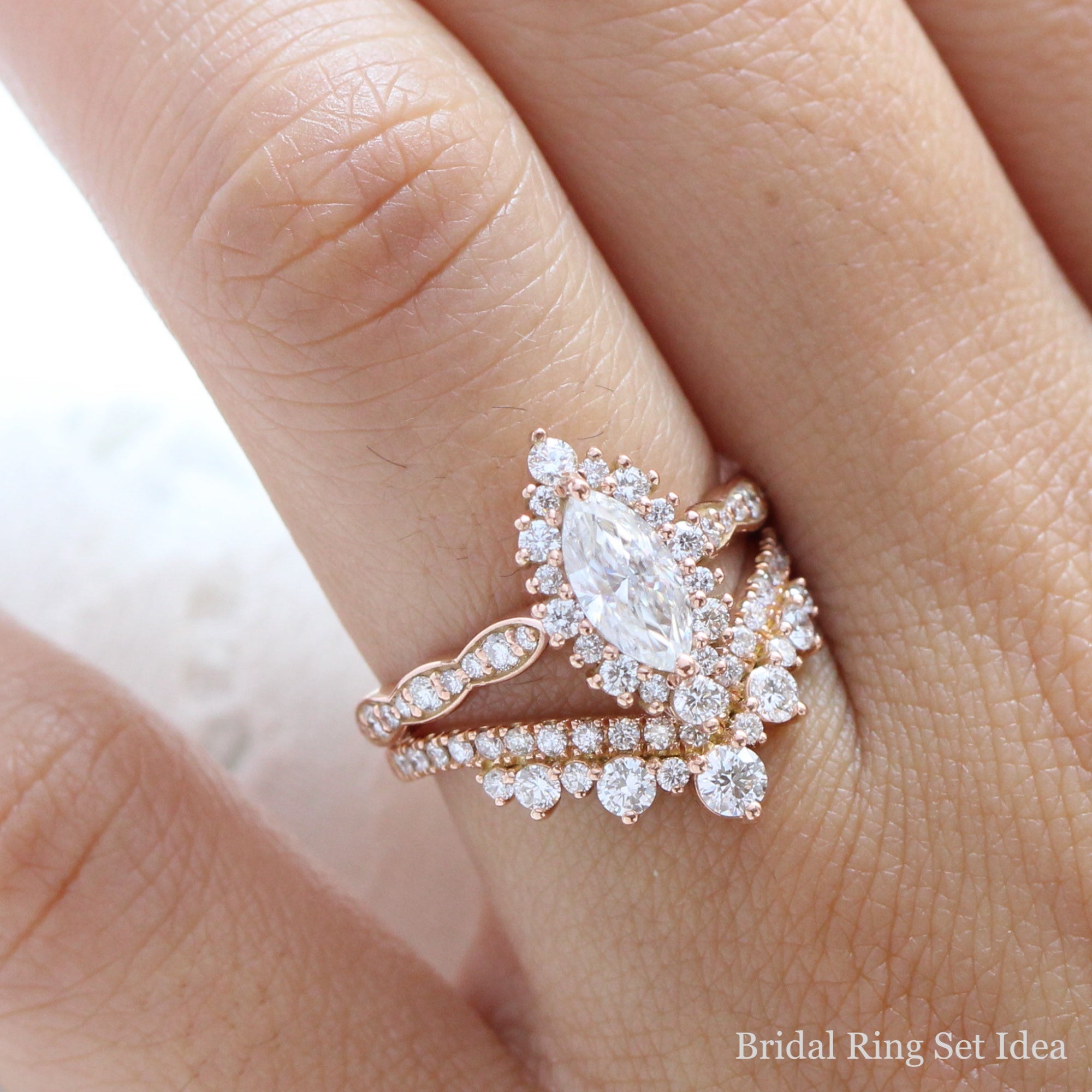 marquise moissanite halo engagement ring rose gold large diamond wedding band bridal set la more design jewelry