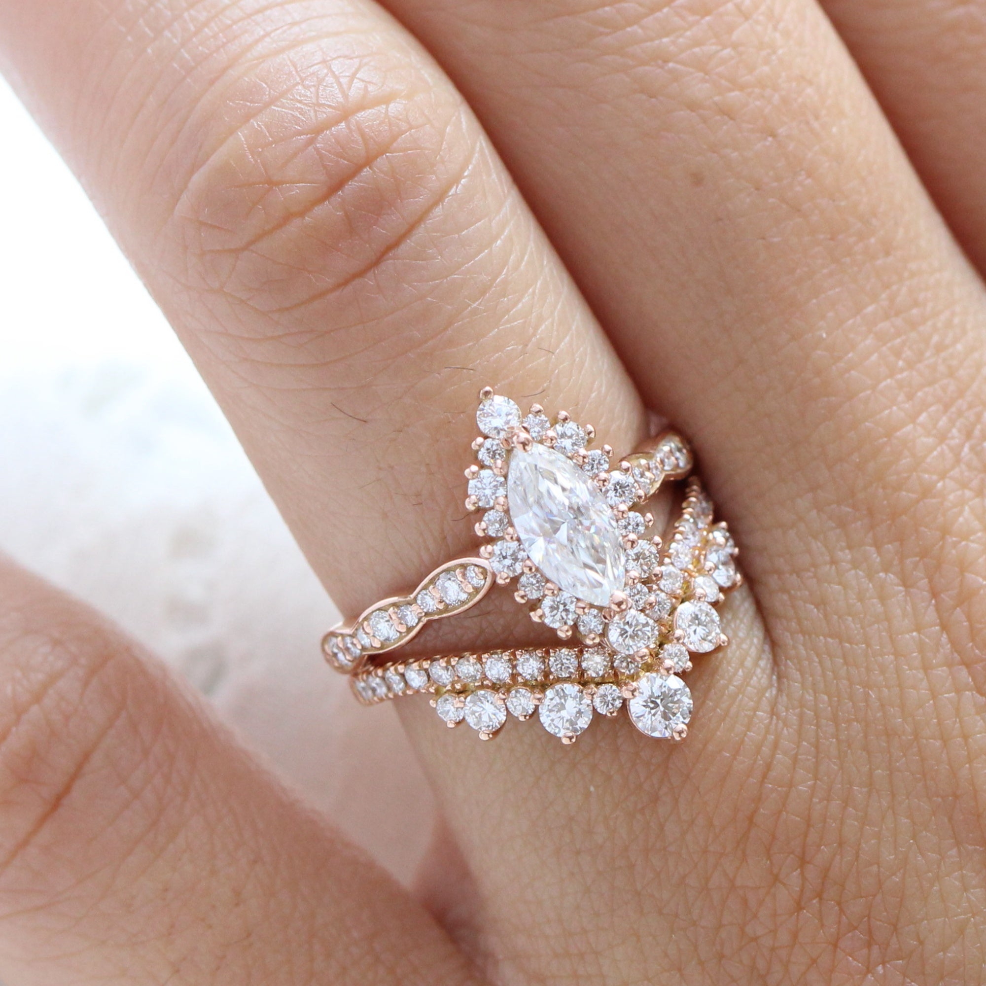 marquise moissanite halo engagement ring rose gold large diamond wedding ring bridal set la more design jewelry