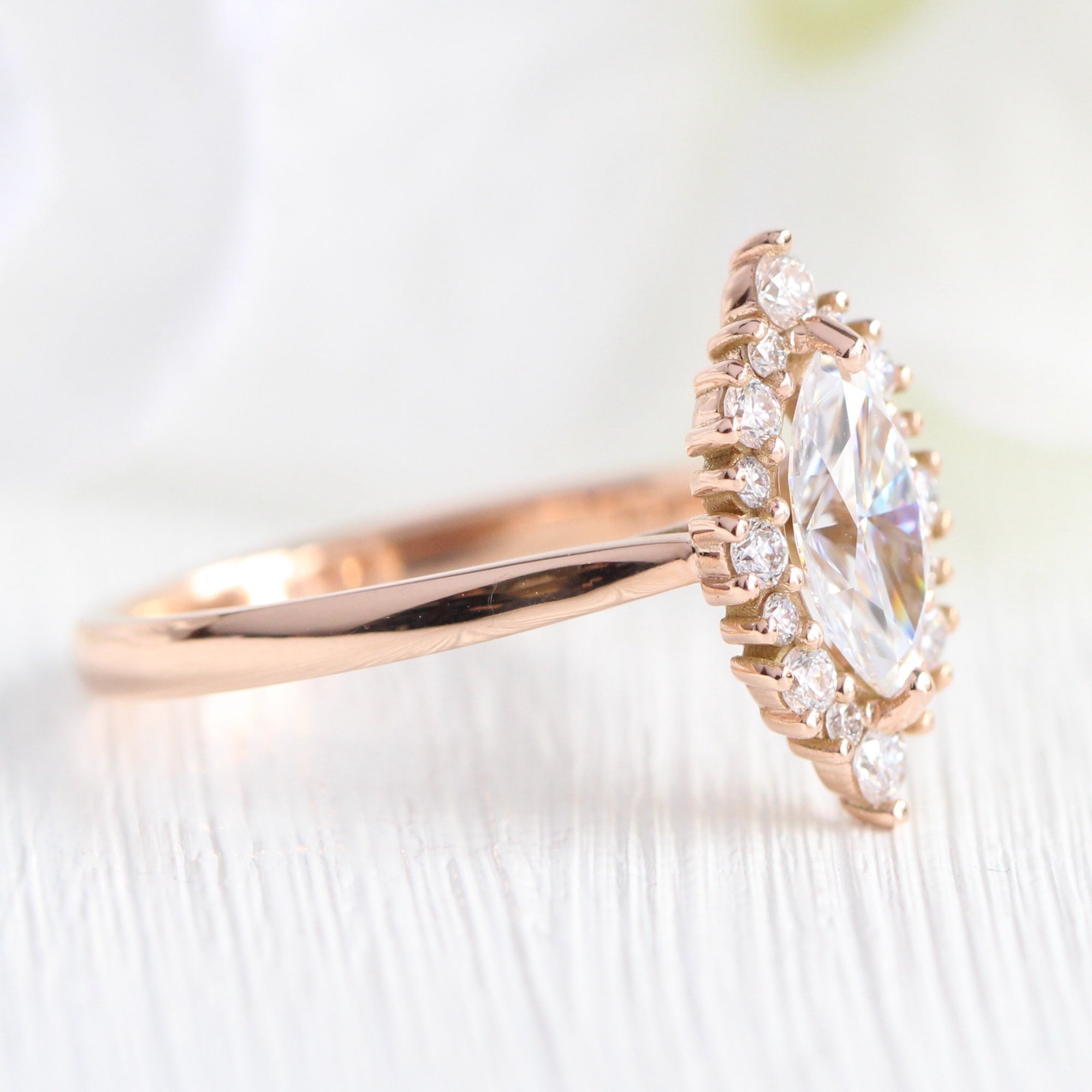 marquise moissanite ring rose gold tiara halo diamond engagement ring la more design jewelry