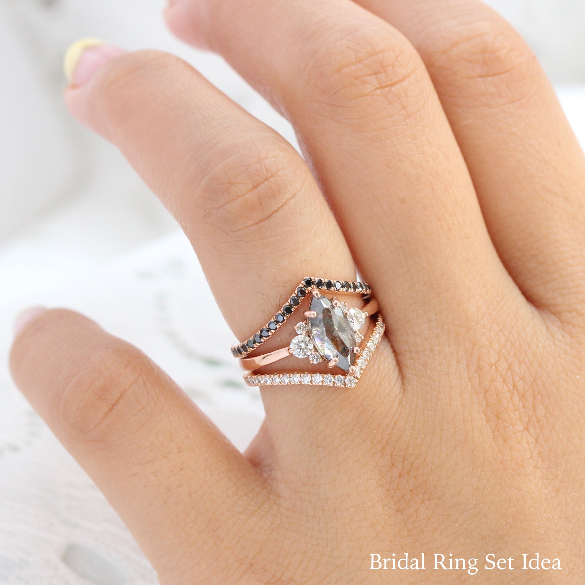 marquise salt and pepper diamond ring rose gold 3 stone ring la more design jewelry