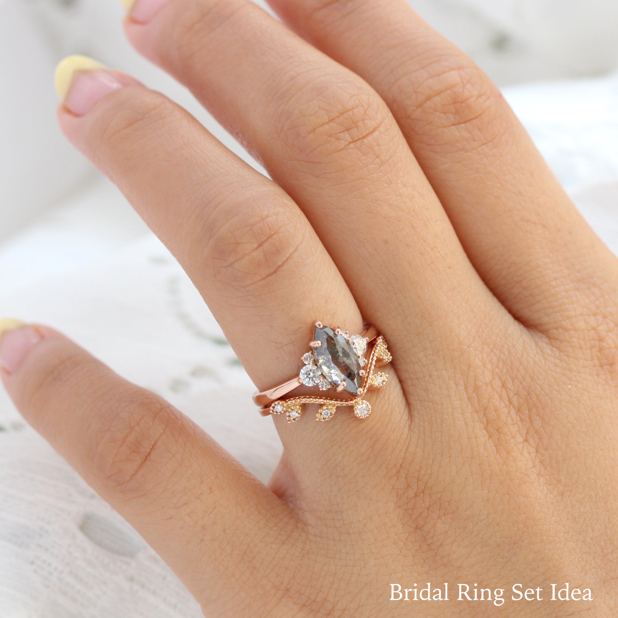 marquise salt and pepper diamond ring rose gold 3 stone ring la more design jewelry