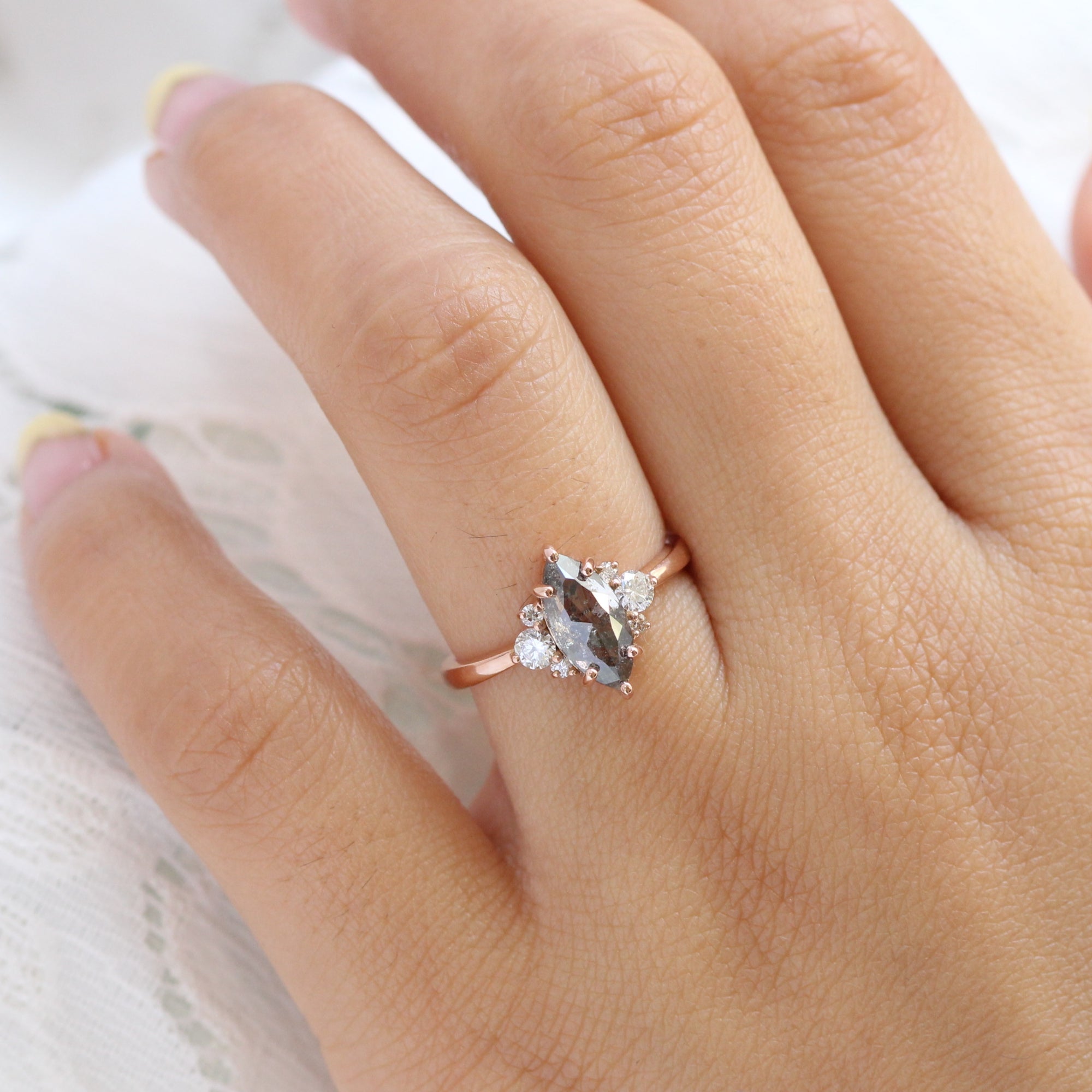 marquise salt and pepper diamond ring rose gold 3 stone ring la more design jewelry