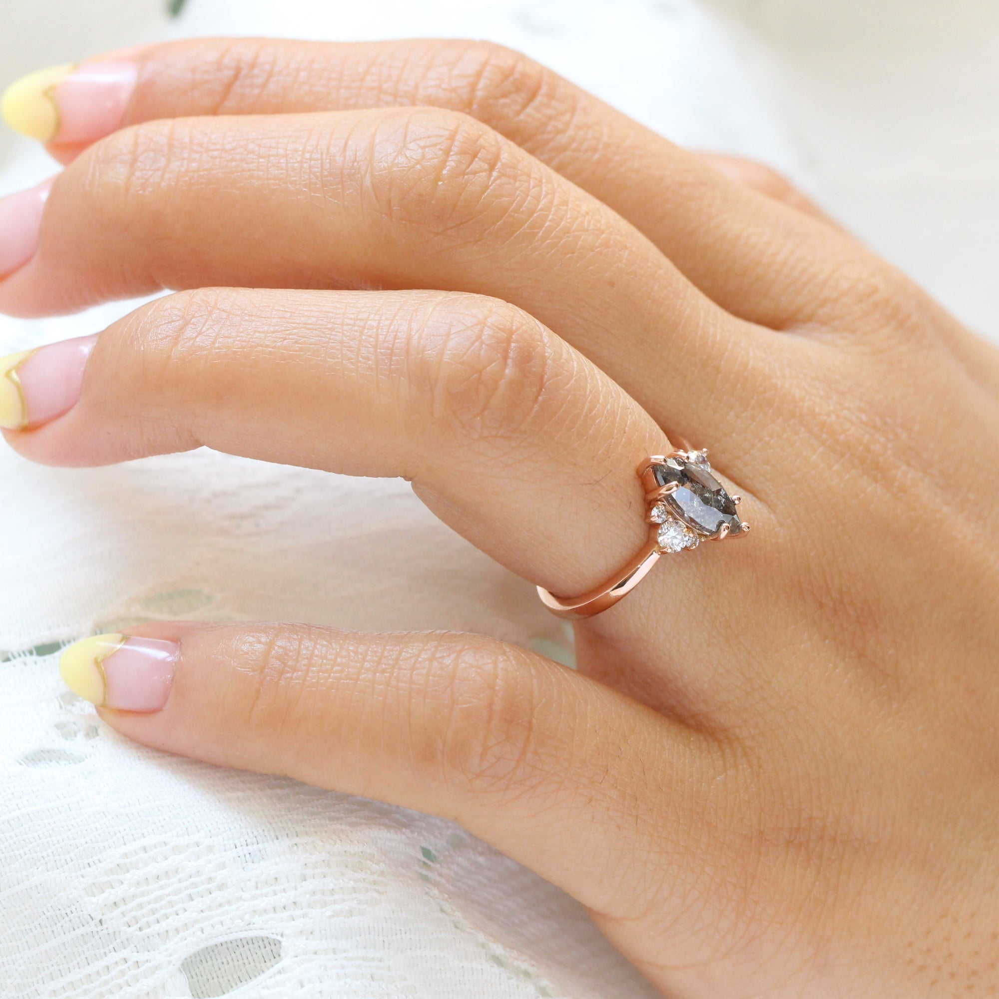 marquise salt and pepper diamond ring rose gold 3 stone ring la more design jewelry