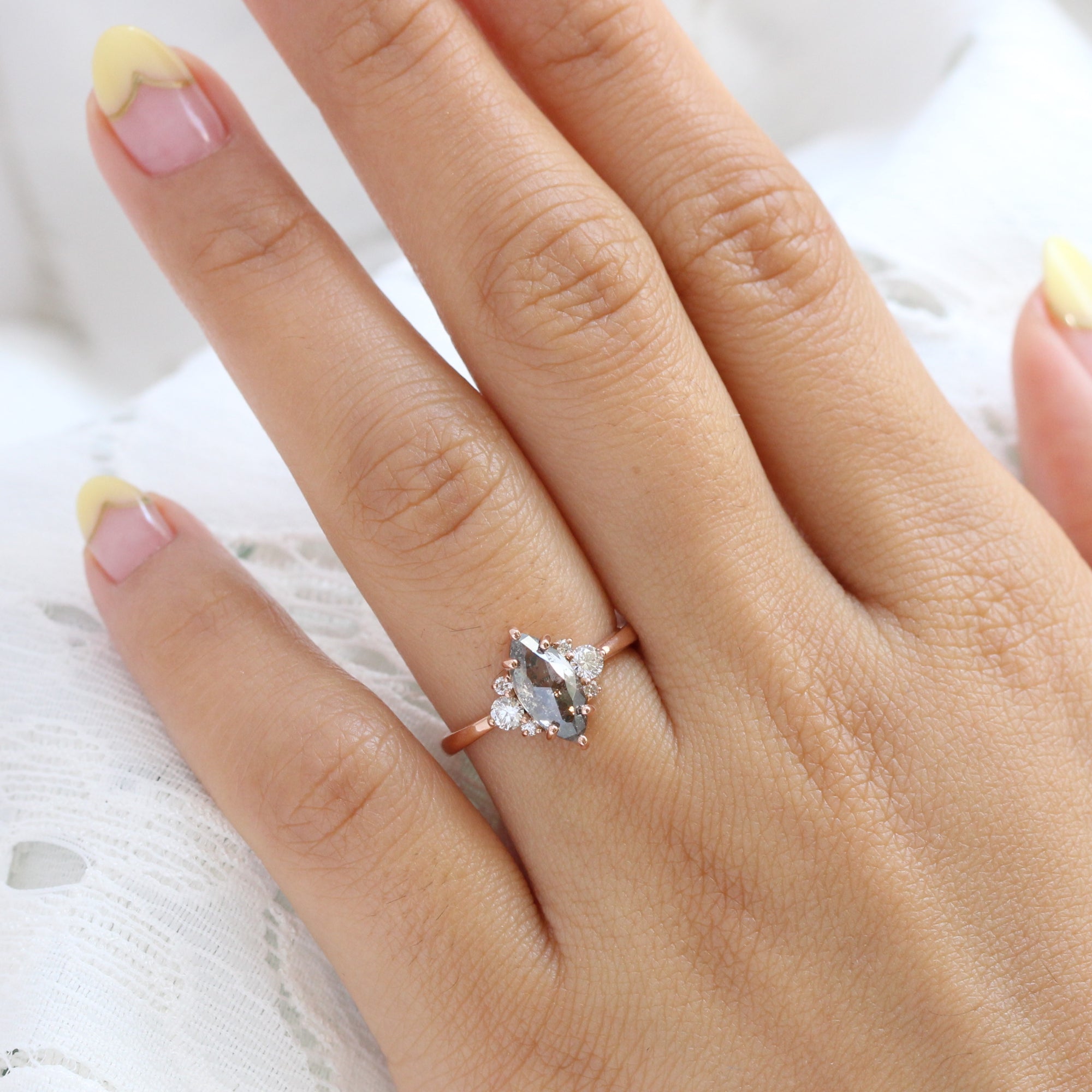 marquise salt and pepper diamond ring rose gold 3 stone ring la more design jewelry