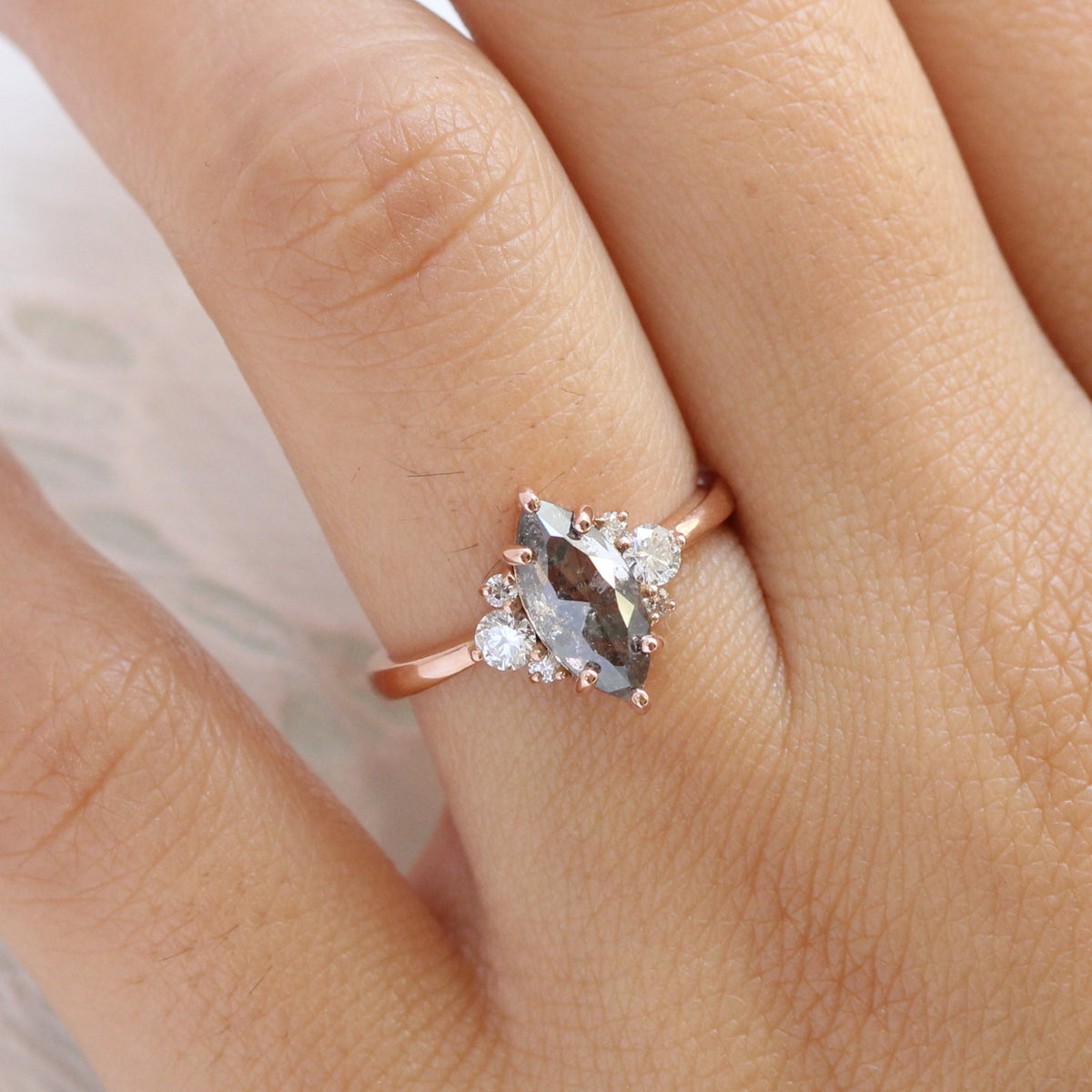 marquise salt and pepper diamond ring rose gold 3 stone ring la more design jewelry