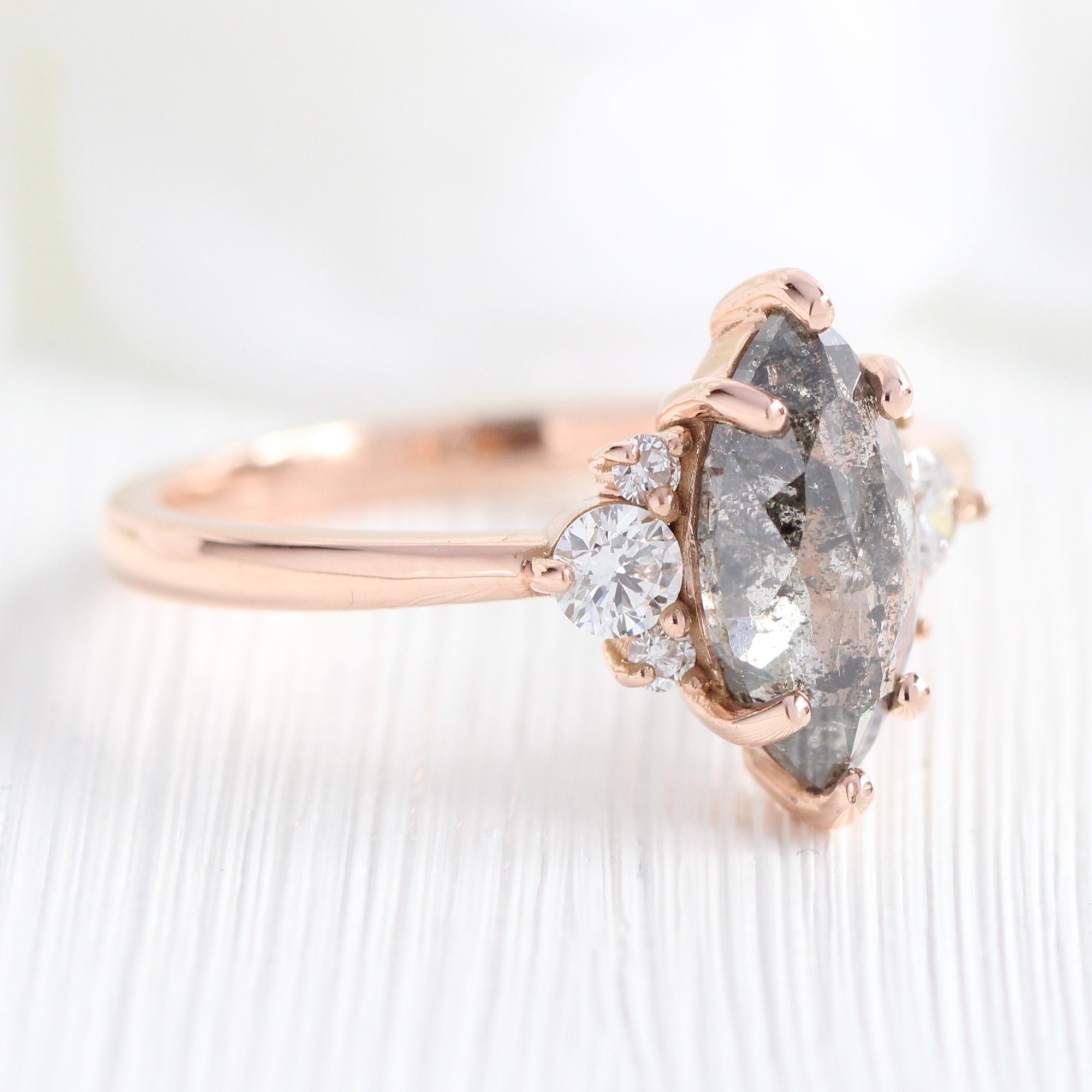 Marquise Salt and Pepper Diamond Ring in 14k Rose Gold 3 Stone Ring, Size 6.25
