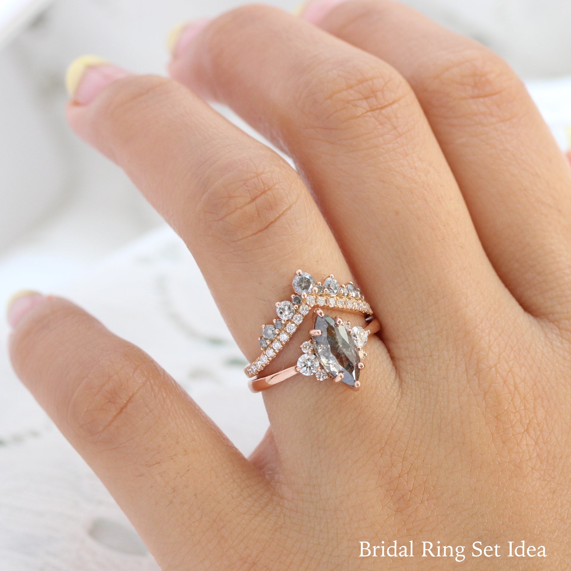 marquise salt and pepper diamond ring rose gold 3 stone ring la more design jewelry