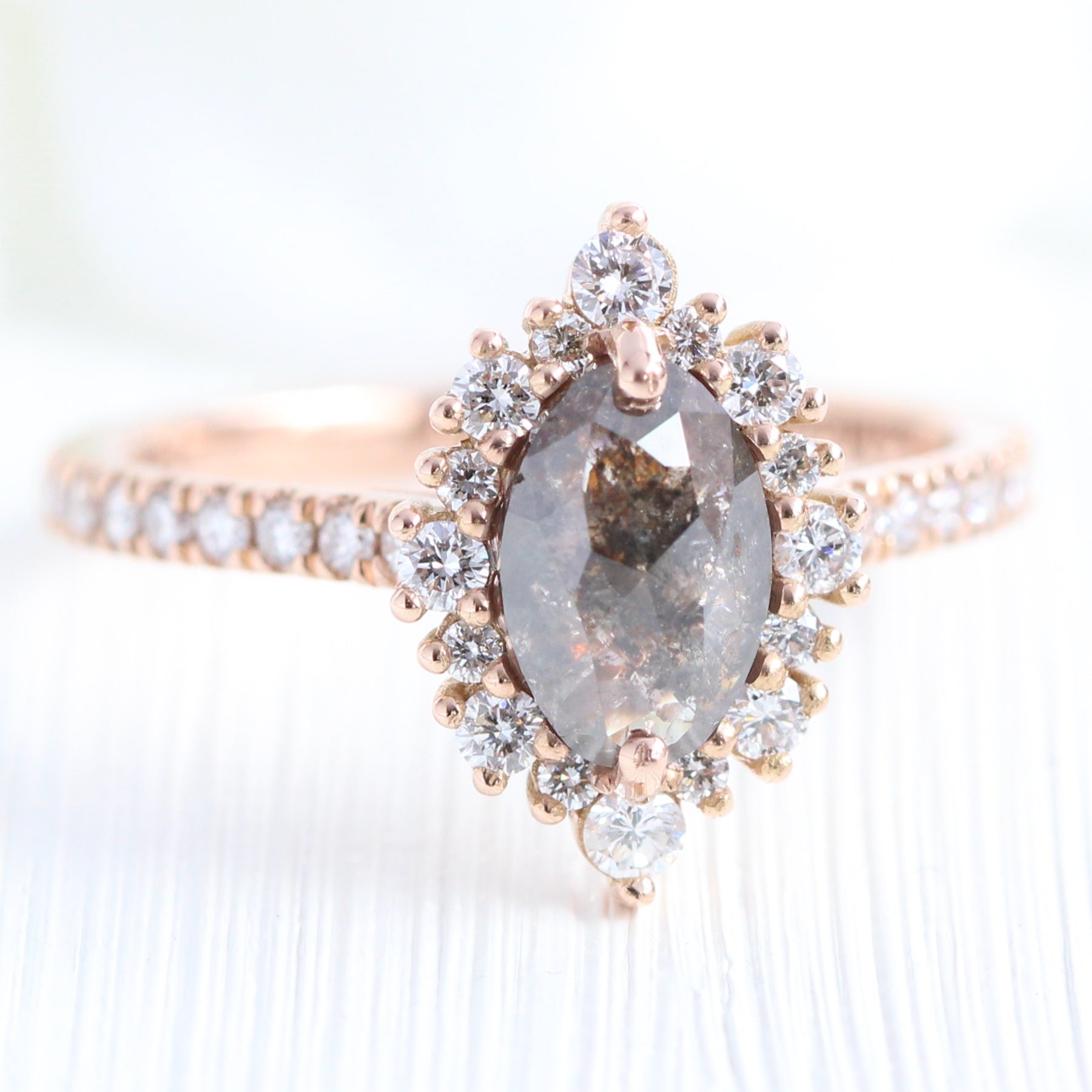 marquise salt and pepper diamond ring rose gold grey diamond halo ring la more design jewelry