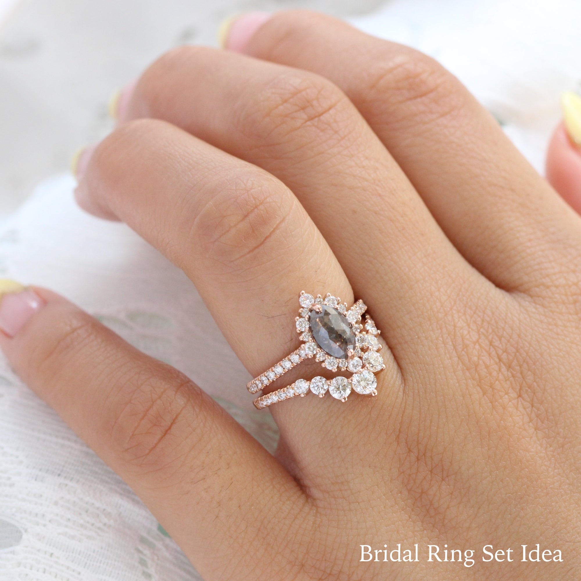marquise salt and pepper diamond ring rose gold grey diamond halo ring la more design jewelry