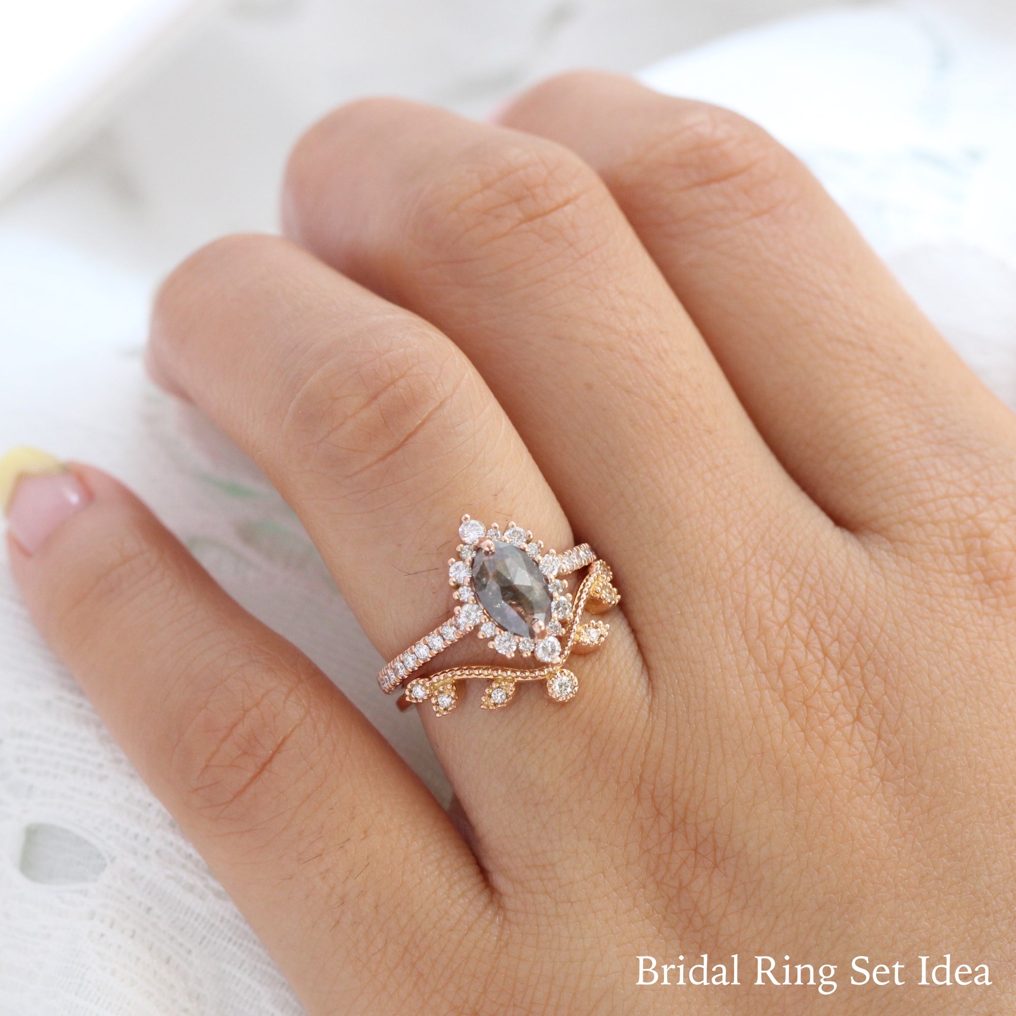 marquise salt and pepper diamond ring rose gold grey diamond halo ring la more design jewelry