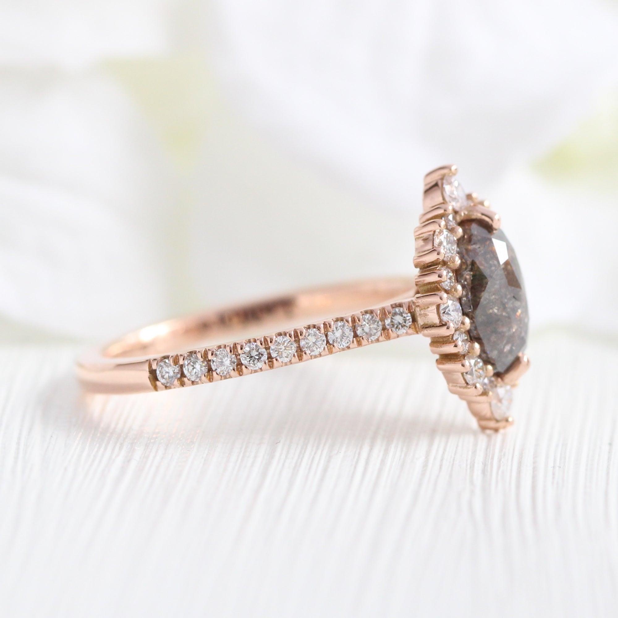 marquise salt and pepper diamond ring rose gold grey diamond halo ring la more design jewelry