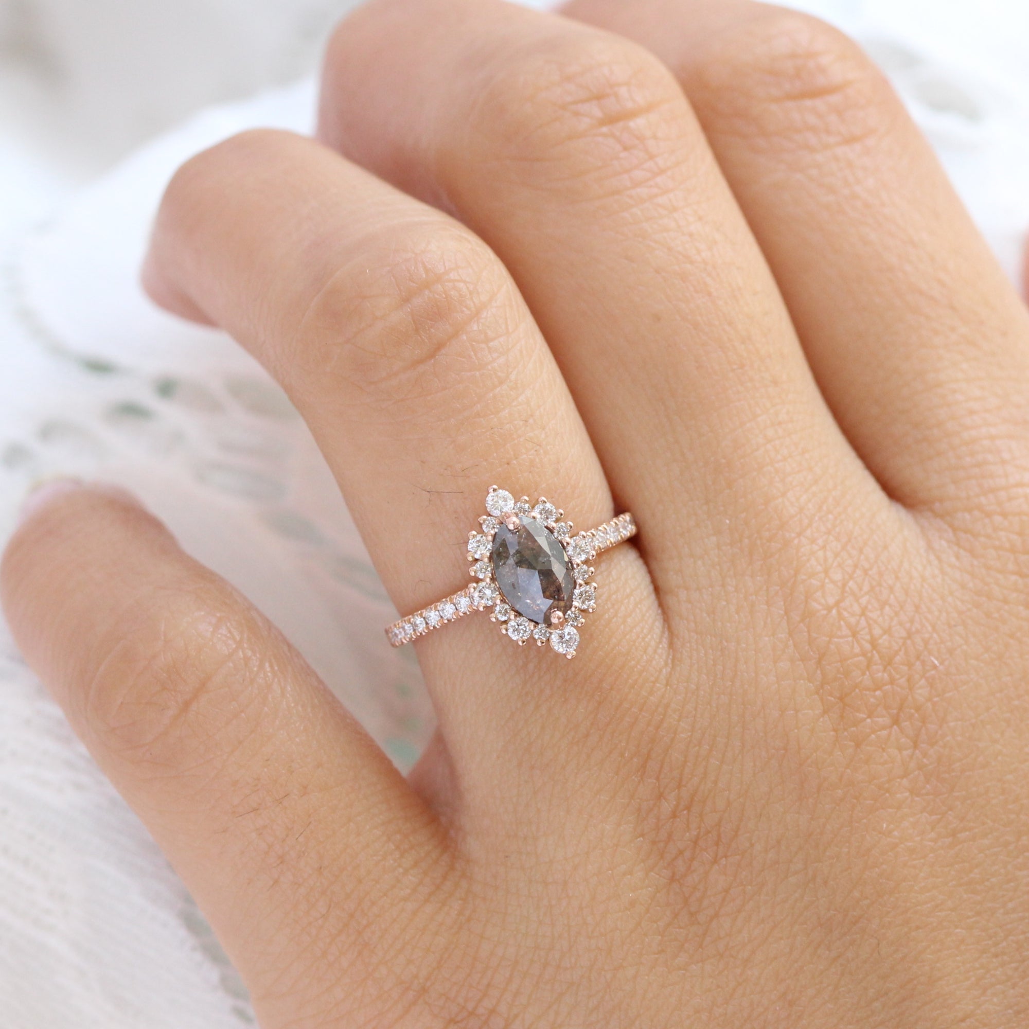 marquise salt and pepper diamond ring rose gold grey diamond halo ring la more design jewelry