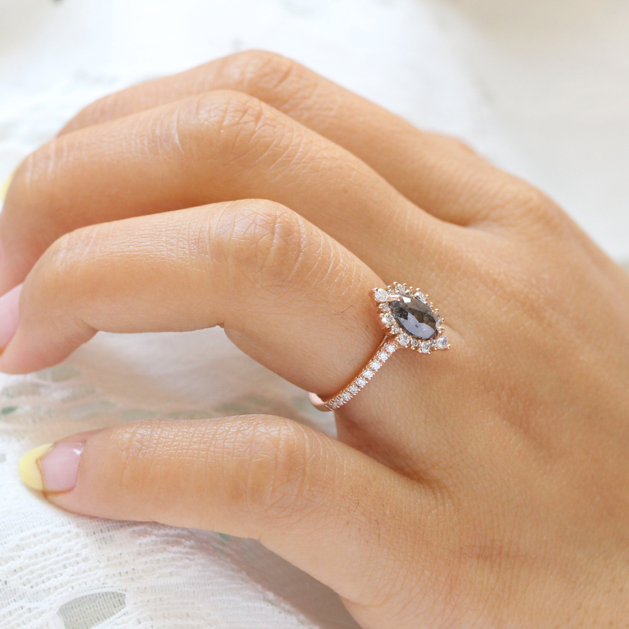 marquise salt and pepper diamond ring rose gold grey diamond halo ring la more design jewelry